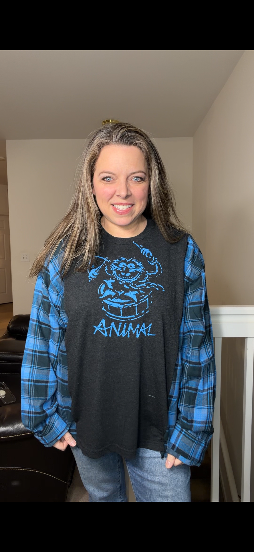 Upcycled Animal - women's XL T-shirt with flannel sleeves