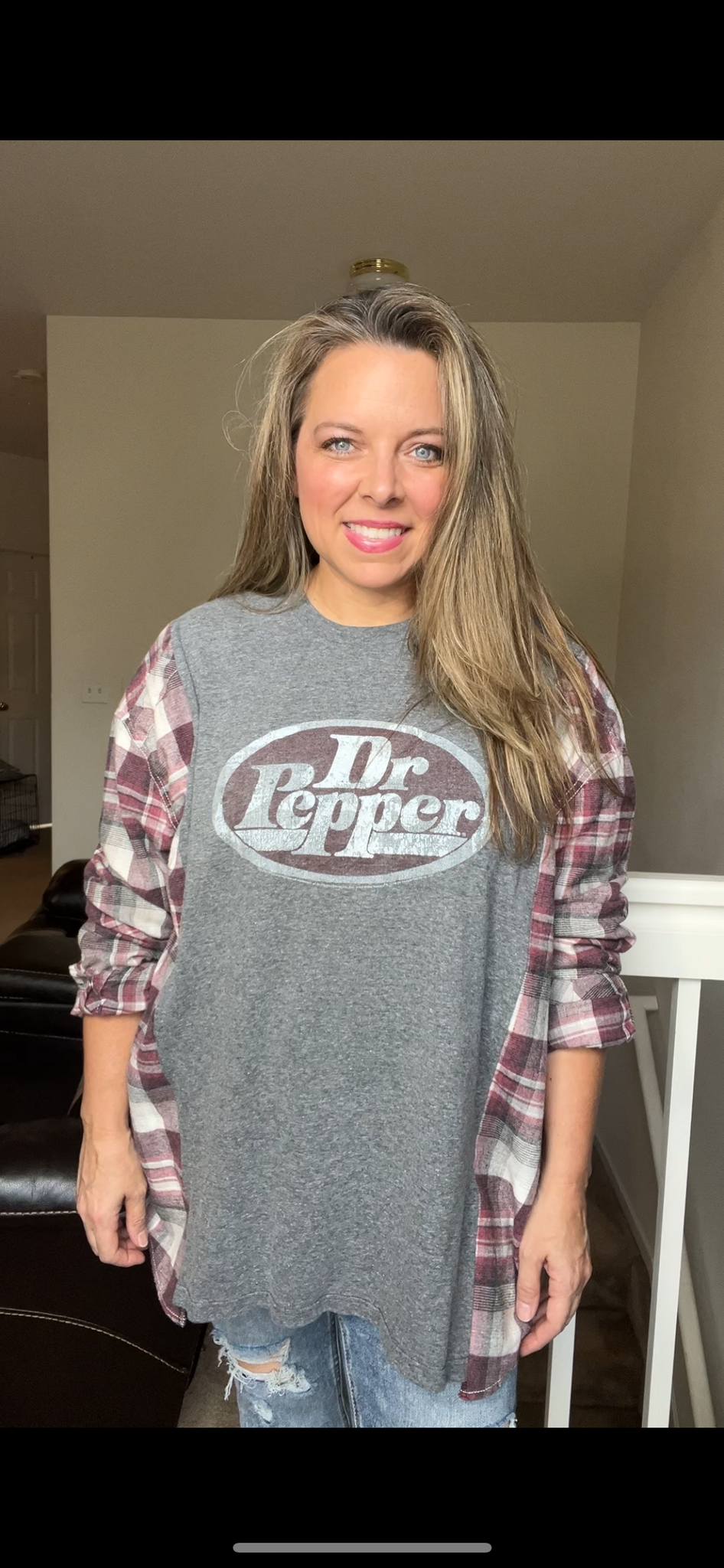 Upcycled Dr Pepper – women’s 2X/3X – thin t-shirt with flannel sleeves￼