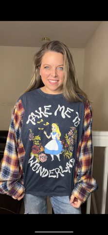 Upcycled Wonderland – women’s 4X T-shirt with flannel sleeves