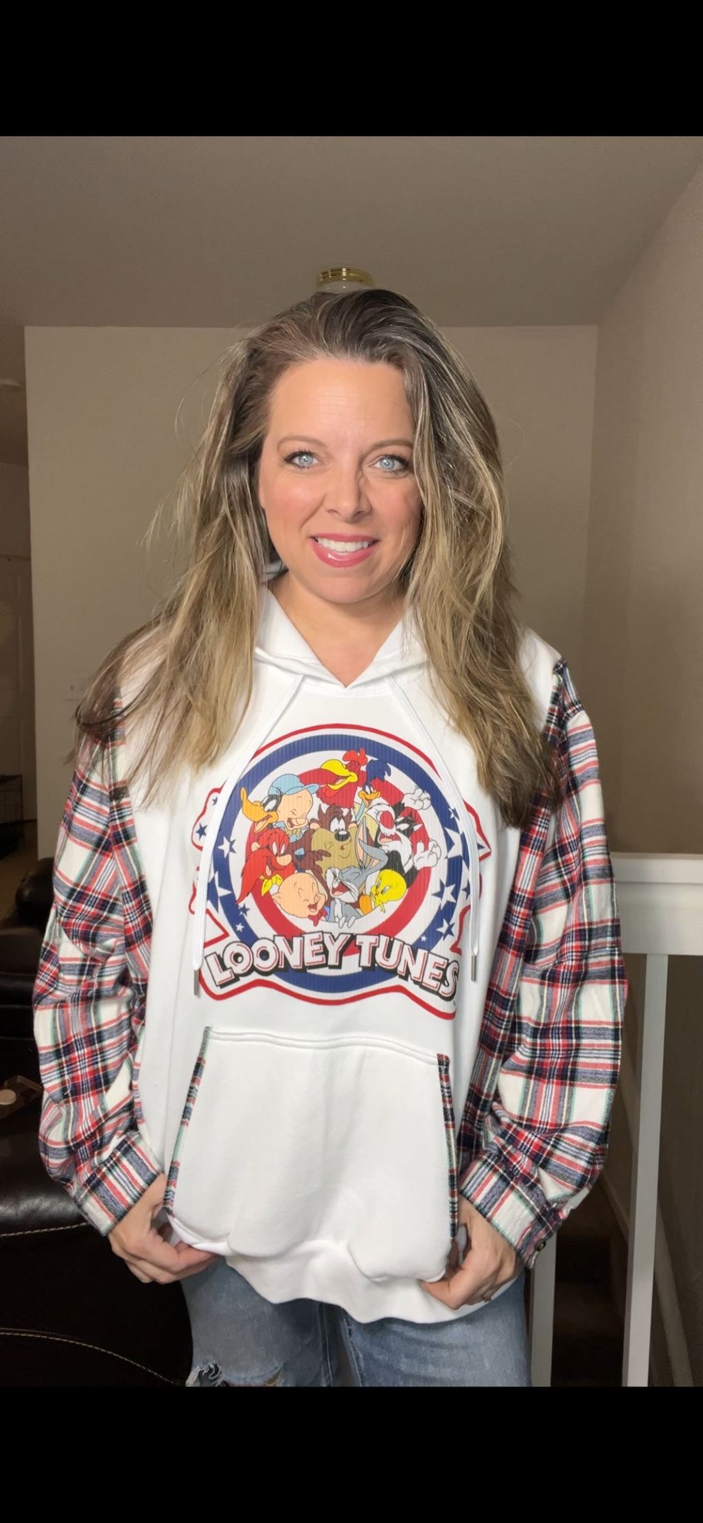 Upcycled Looney Tunes - women’s 2X midweight sweatshirt with flannel sleeves