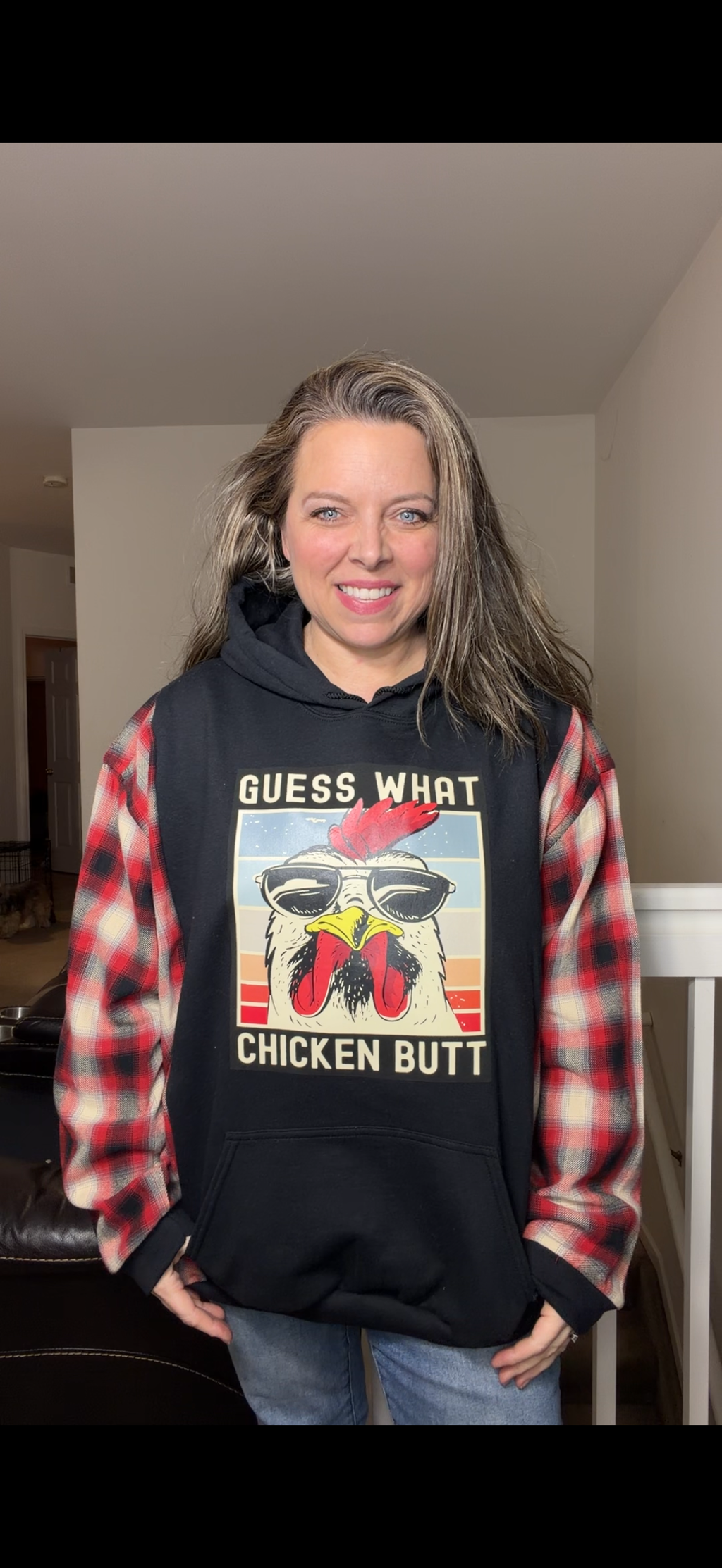 Upcycled Chicken Butt - women's 3X midweight sweatshirt with flannel sleeves