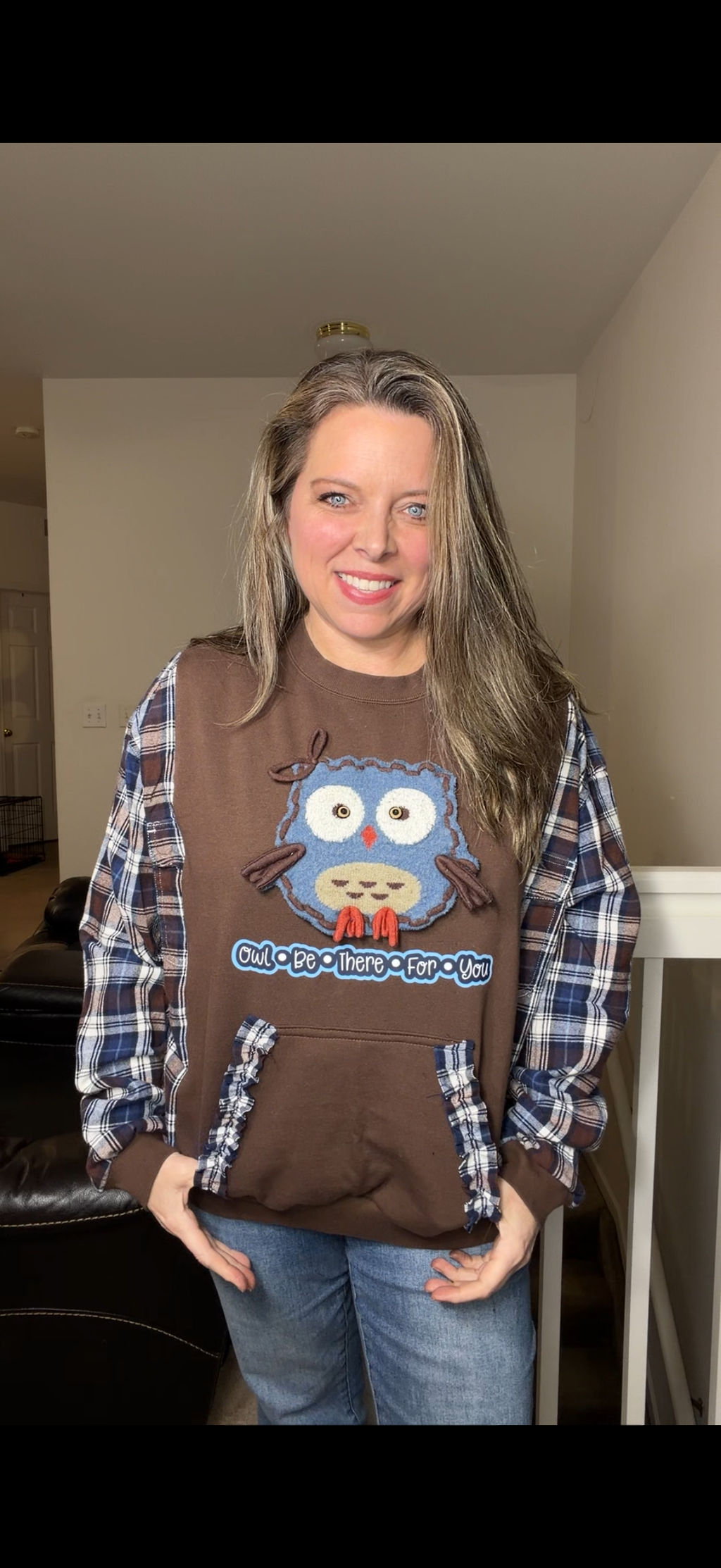 Upcycled Owl - women's large midweight sweatshirt with flannel sleeves