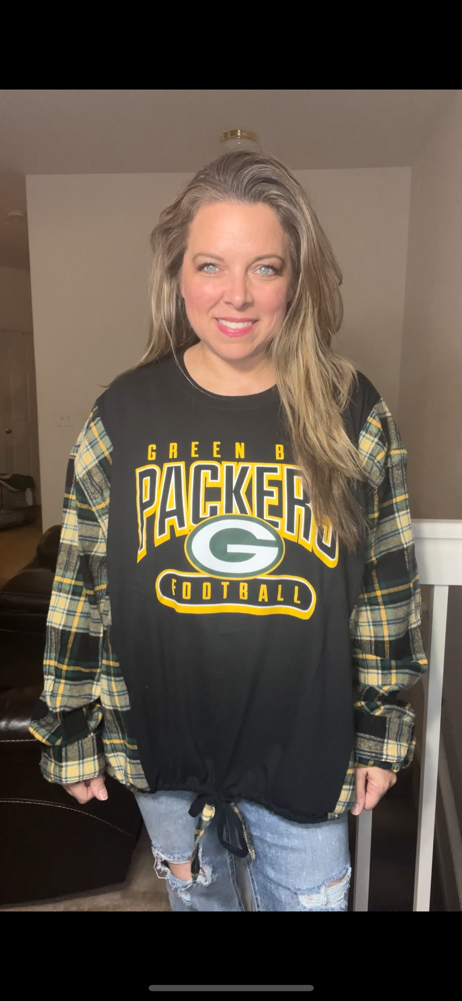 Upcycled Packers – women's 2X – T-shirt with flannel sleeves ￼