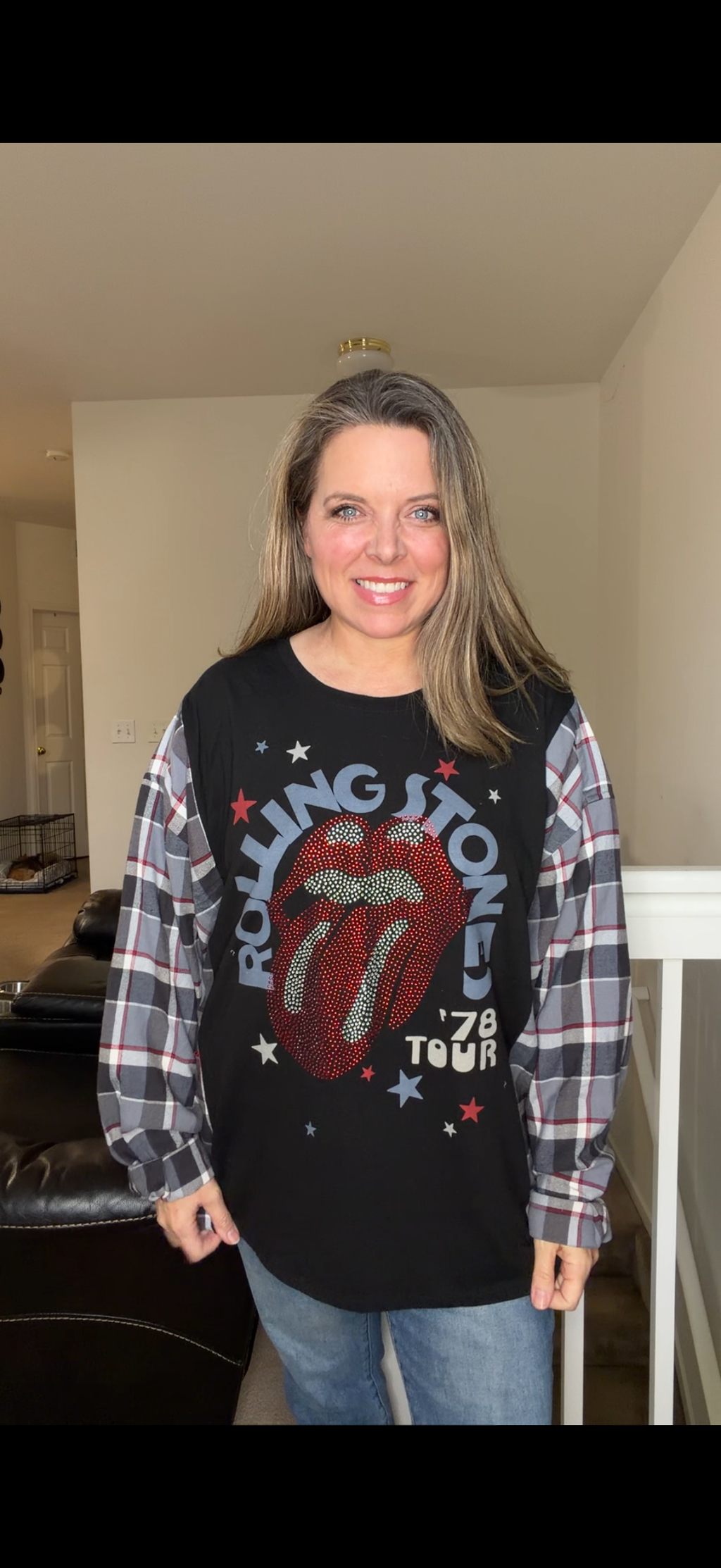Upcycled Stones - women's 2X T-shirt with flannel sleeves