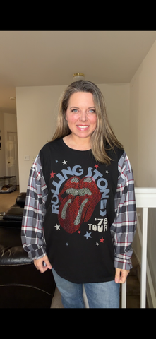 Upcycled Stones - women's 2X T-shirt with flannel sleeves
