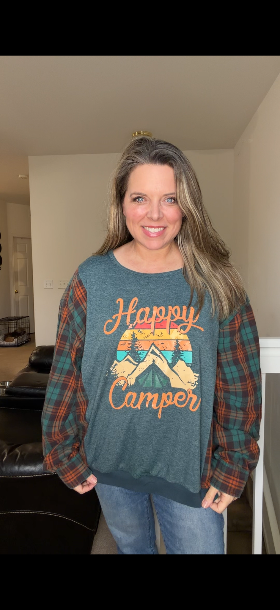 Upcycled Camper - women's 2X T-shirt with flannel sleeves