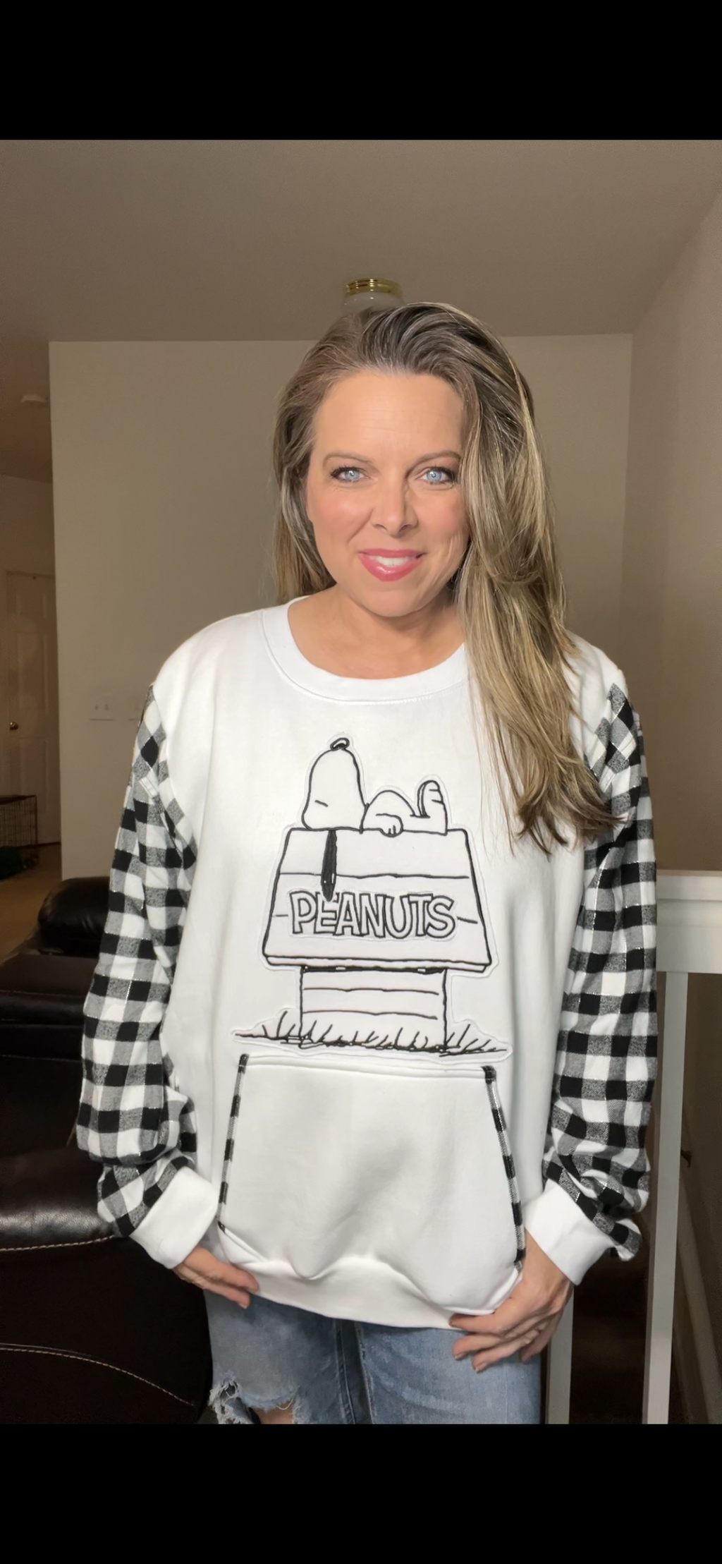 Upcycled Snoopy B&W￼ - Woman’s 2X/3X midweight sweatshirt with flannel sleeves