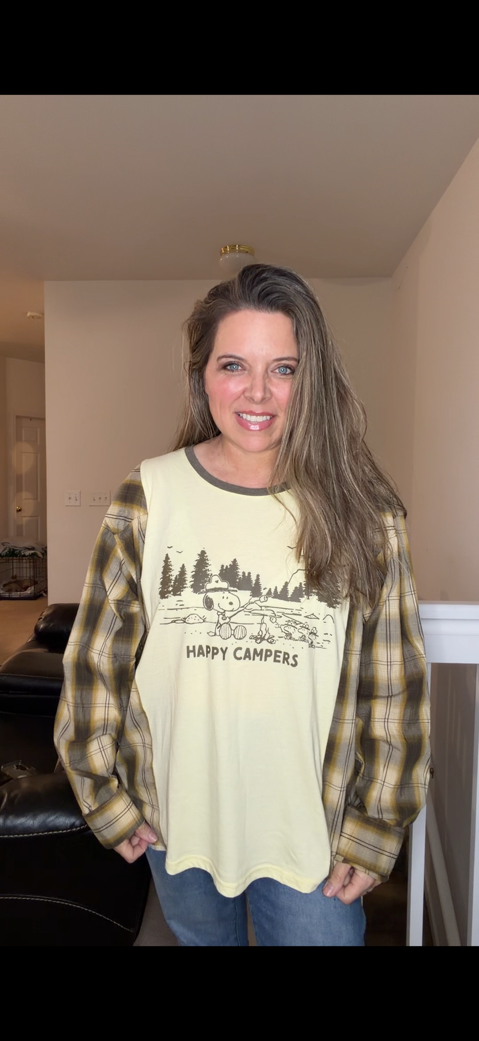 Upcycled Snoopy Camping - women's medium/large T-shirt with cotton sleeves