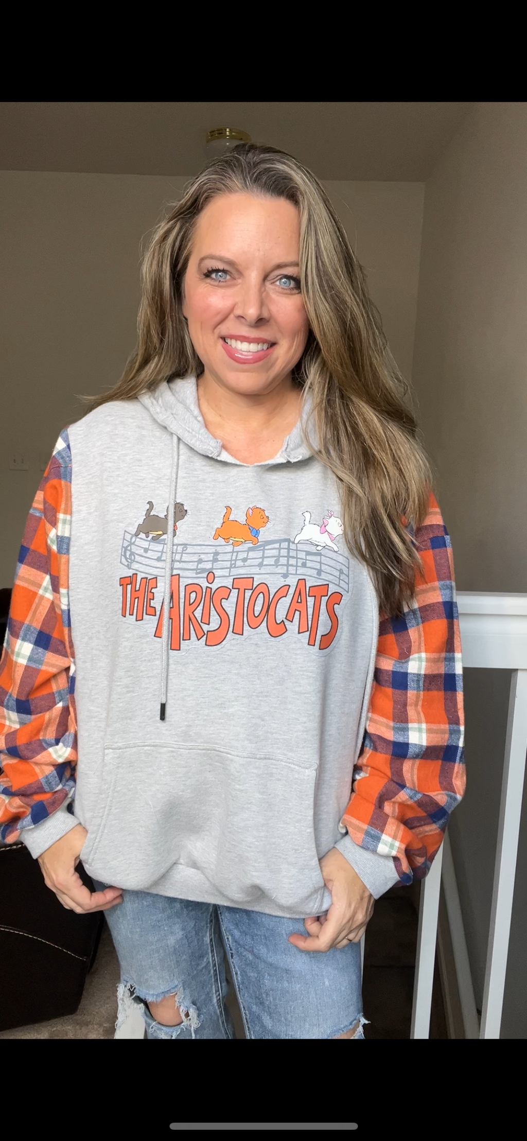 Upcycled Aristocats - womans 1X sweatshirt with flannel sleeves