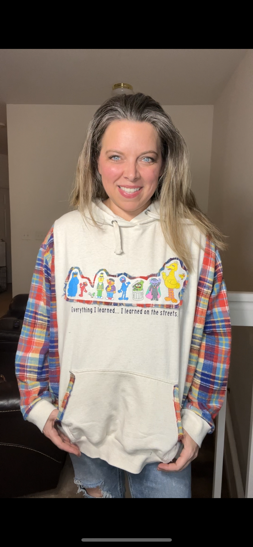 Upcycled Sesame Street – women’s 1X midweight sweatshirt with flannel sleeves