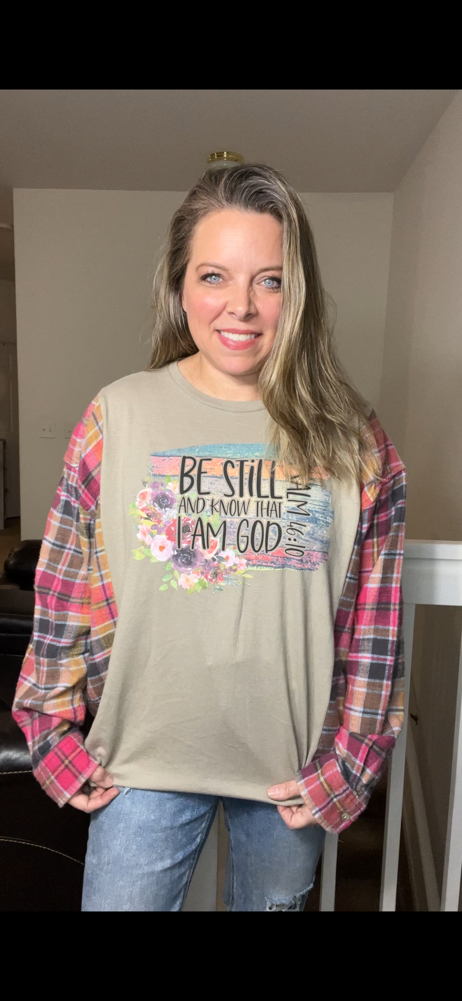 Upcycled Be still – women’s 2X T-shirt with flannel sleeves