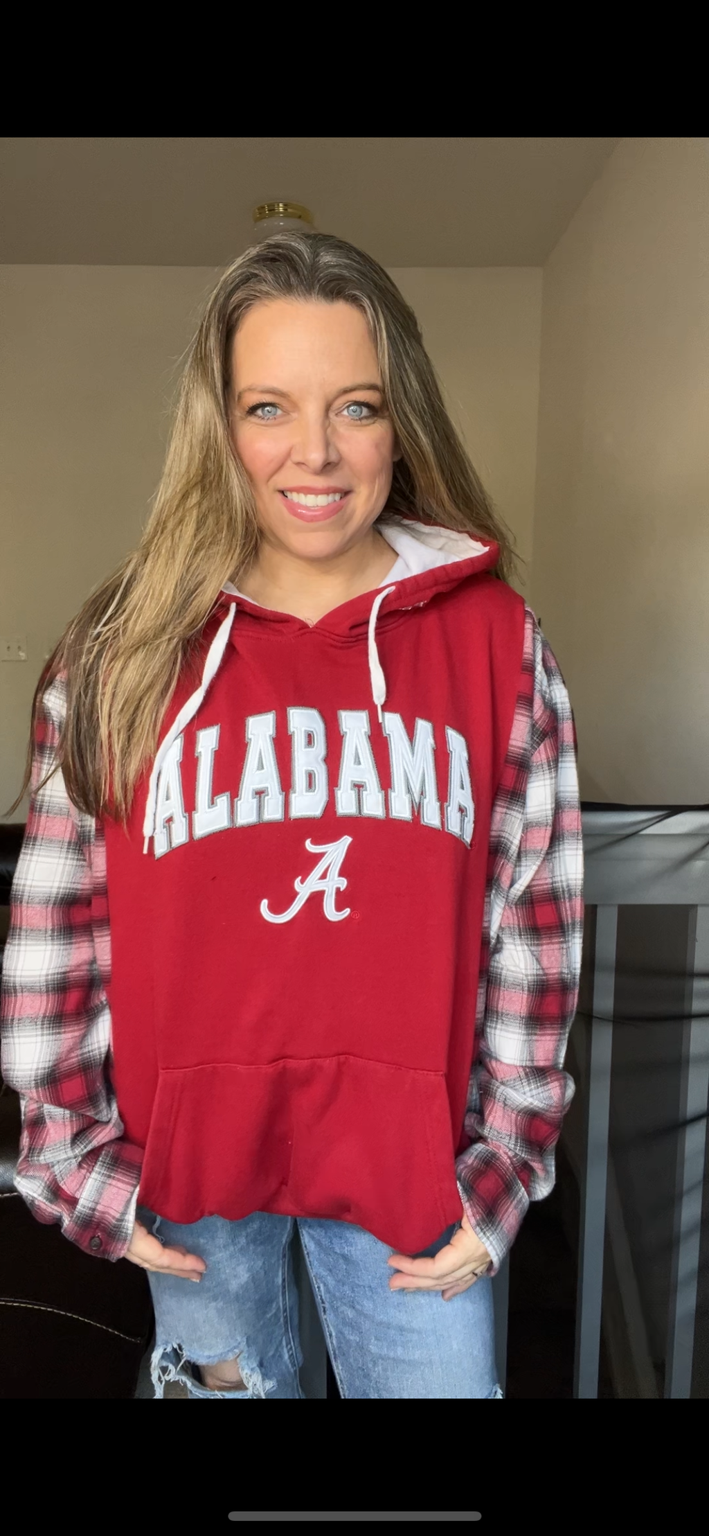 Upcycled Alabama – women’s 1X/2X midweight sweatshirt with flannel sleeves