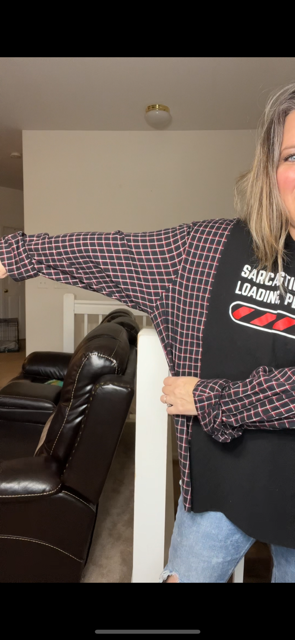 Upcycled Sarcastic – women’s 1X/2X T-shirt with thin flannel sleeves
