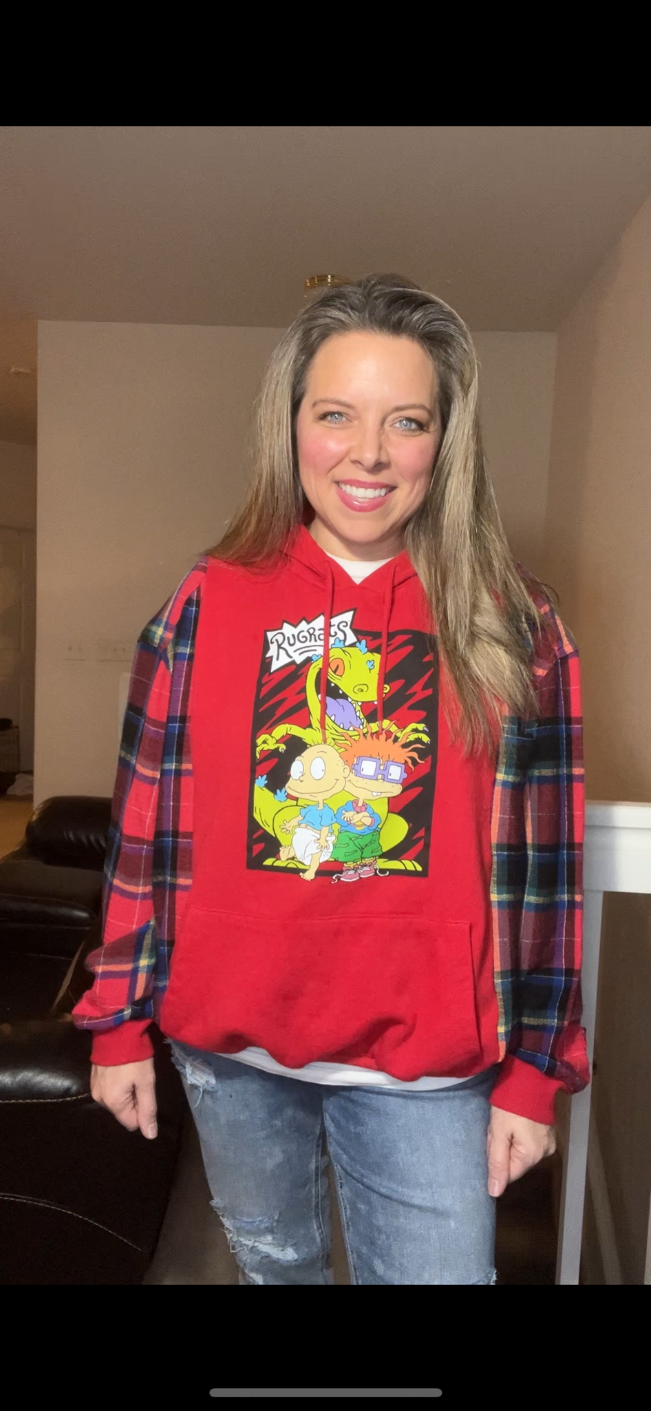 Upcycled Rugrats – women’s medium – midweight sweatshirt with flannel sleeves￼