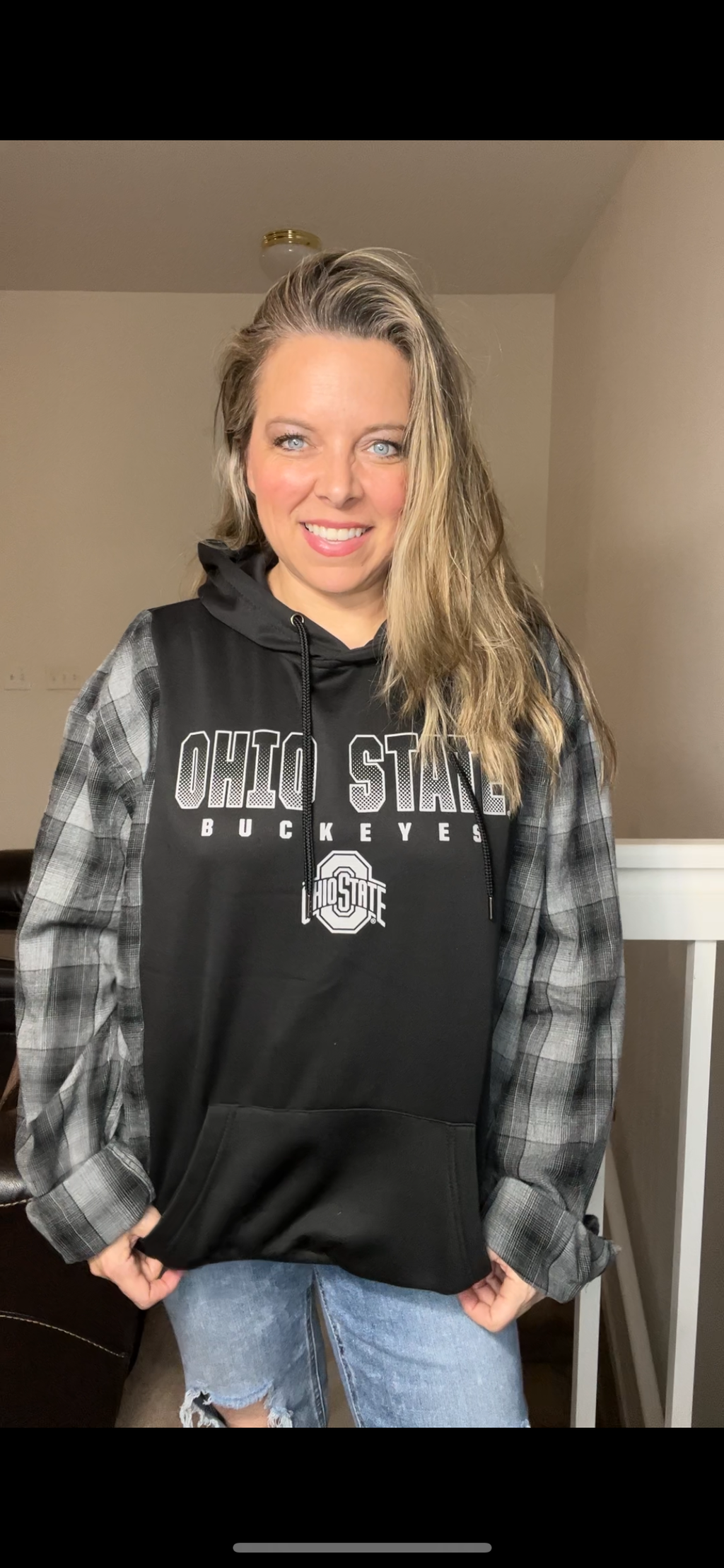 Upcycled Ohio State – women’s XL/oneX midweight sweatshirt with flannel sleeves