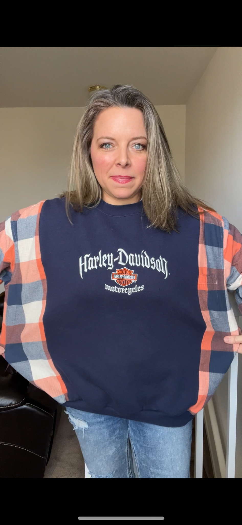 Upcycled Harley – women’s XL/1X – midweight sweatshirt with flannel sleeves￼