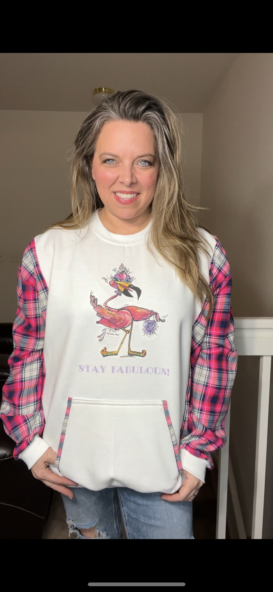 Upcycled flamingo – women’s 3X midweight sweatshirt with flannel sleeves – sleeves more narrow