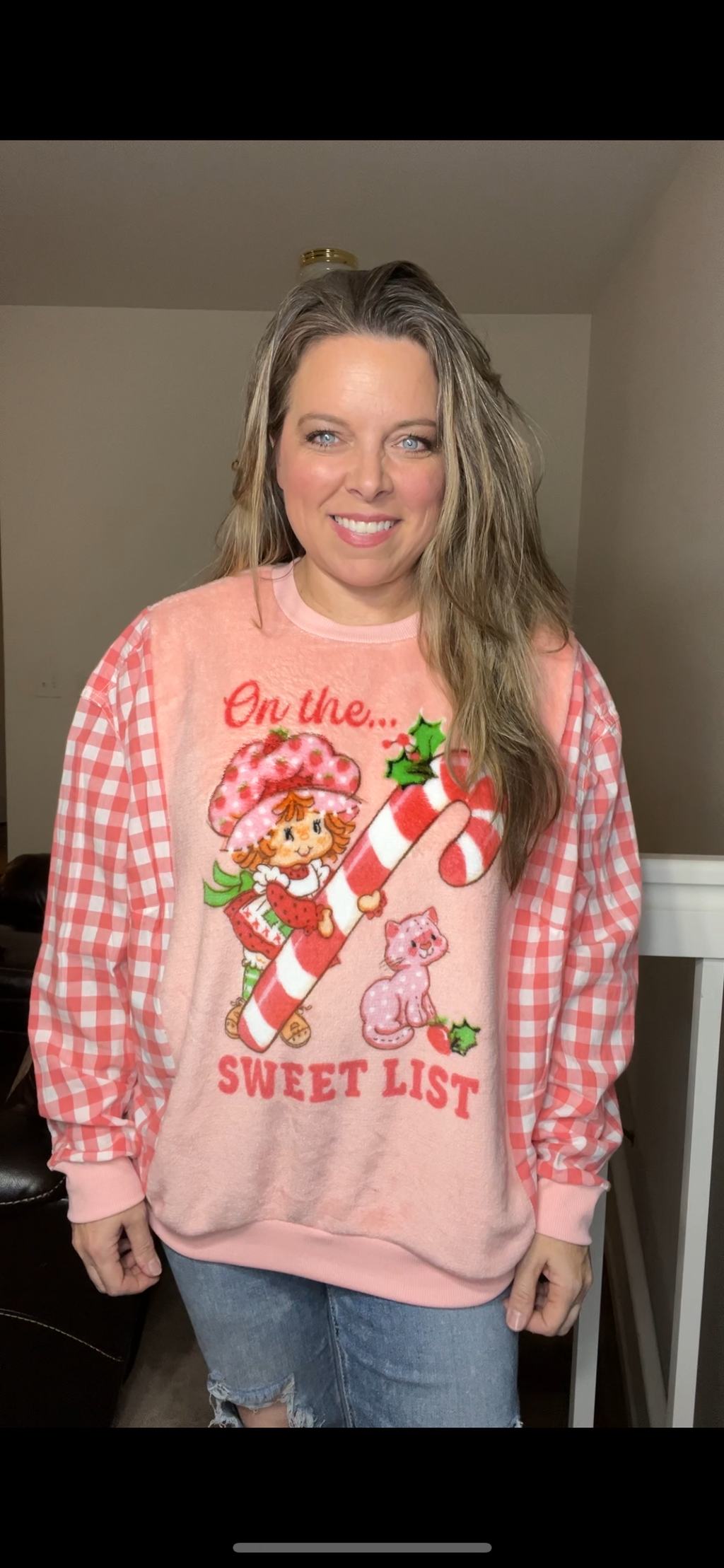 Upcycled Strawberry shortcake – women’s medium/large – fuzzy sweatshirt with thin cotton sleeves