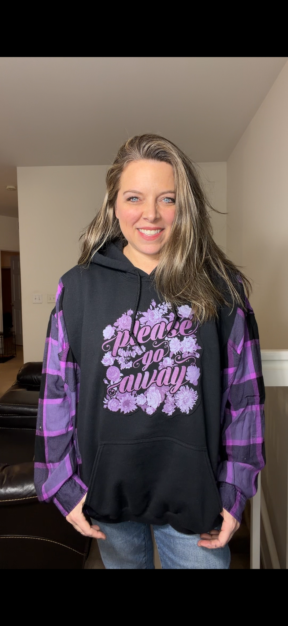 Upcycled Go Away - women's 2X midweight sweatshirt with thin flannel sleeves – sleeves more narrow