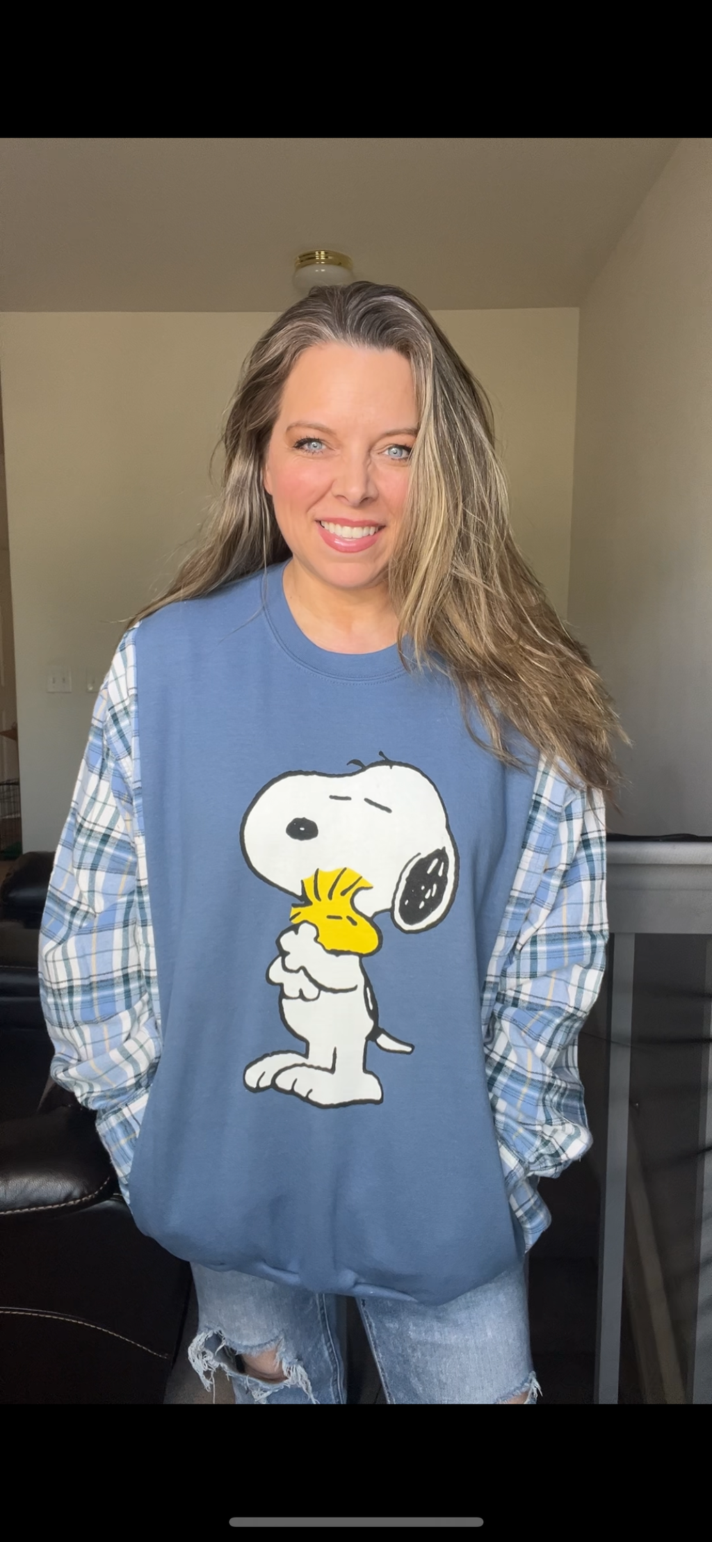 Upcycled Snoopy - women's 3X/4X midweight sweatshirt with flannel sleeves
