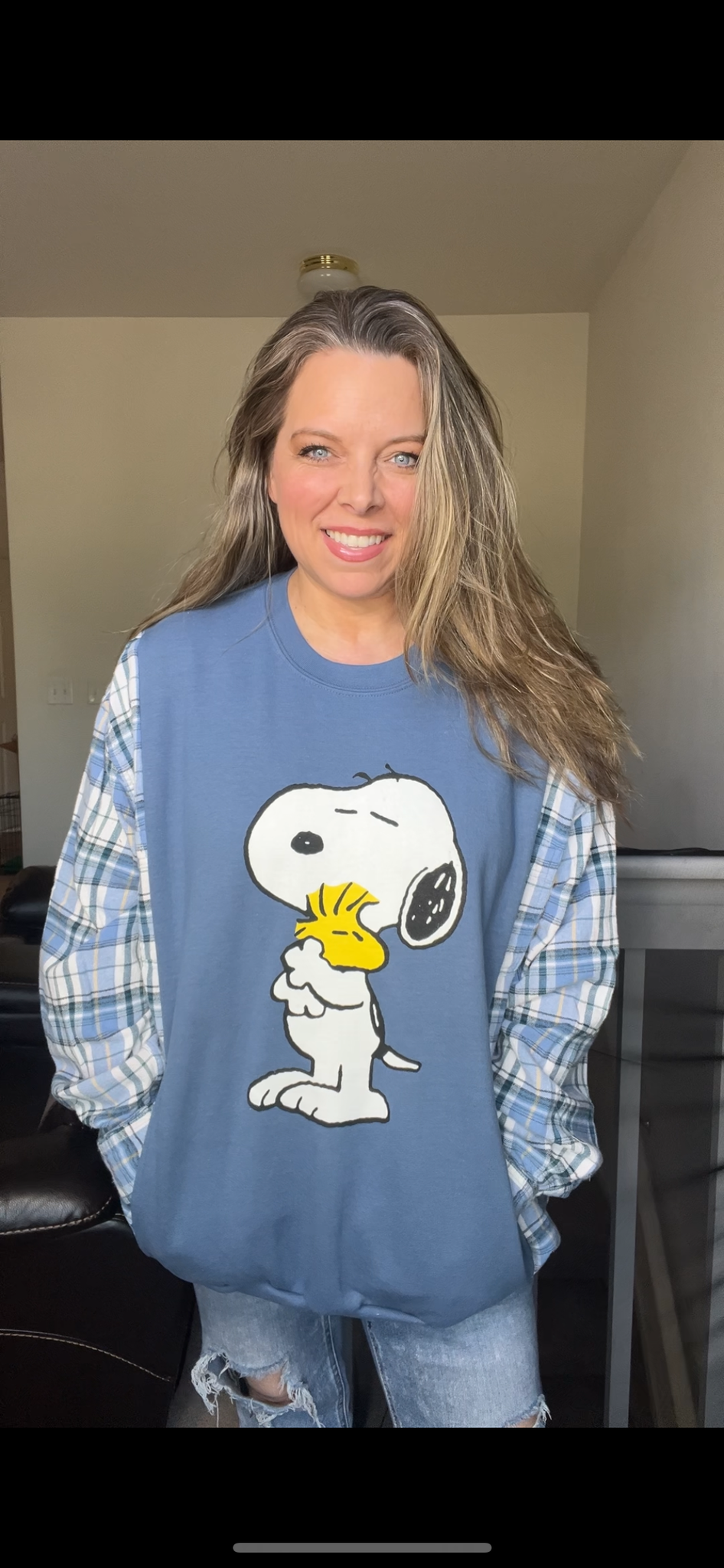 Upcycled Snoopy - women's 3X/4X midweight sweatshirt with flannel sleeves