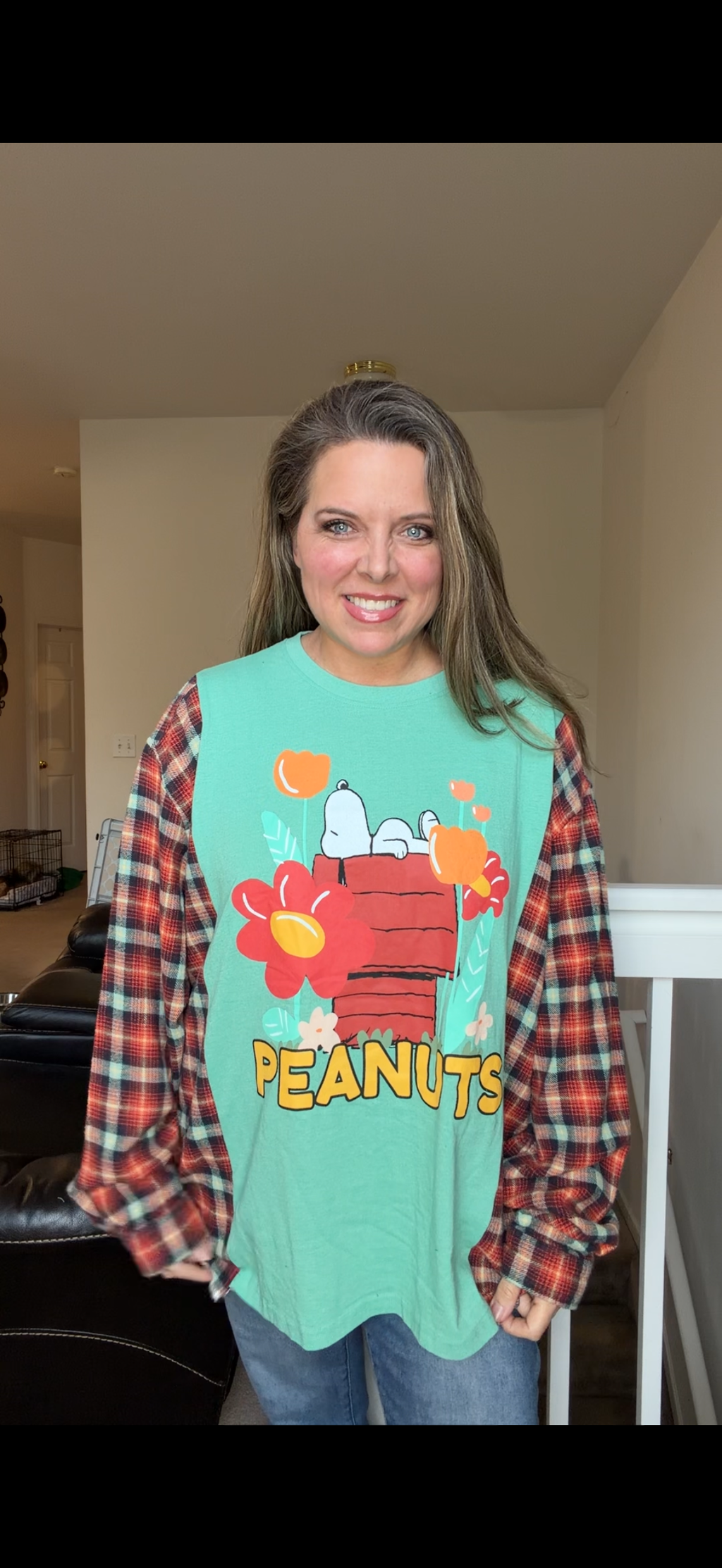 Upcycled Peanuts - women's 2X/3X T-shirt with flannel sleeves