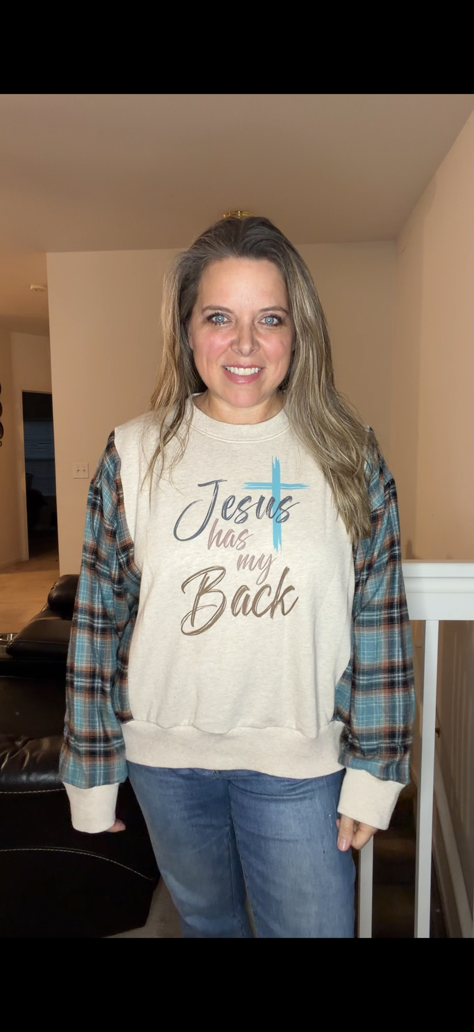 Upcycled Jesus Back - women's small/medium French Terry sweatshirt with flannel sleeves