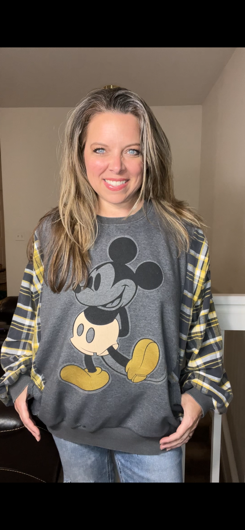 Upcycled Mickey – women’s 2X midweight sweatshirt with flannel sleeves