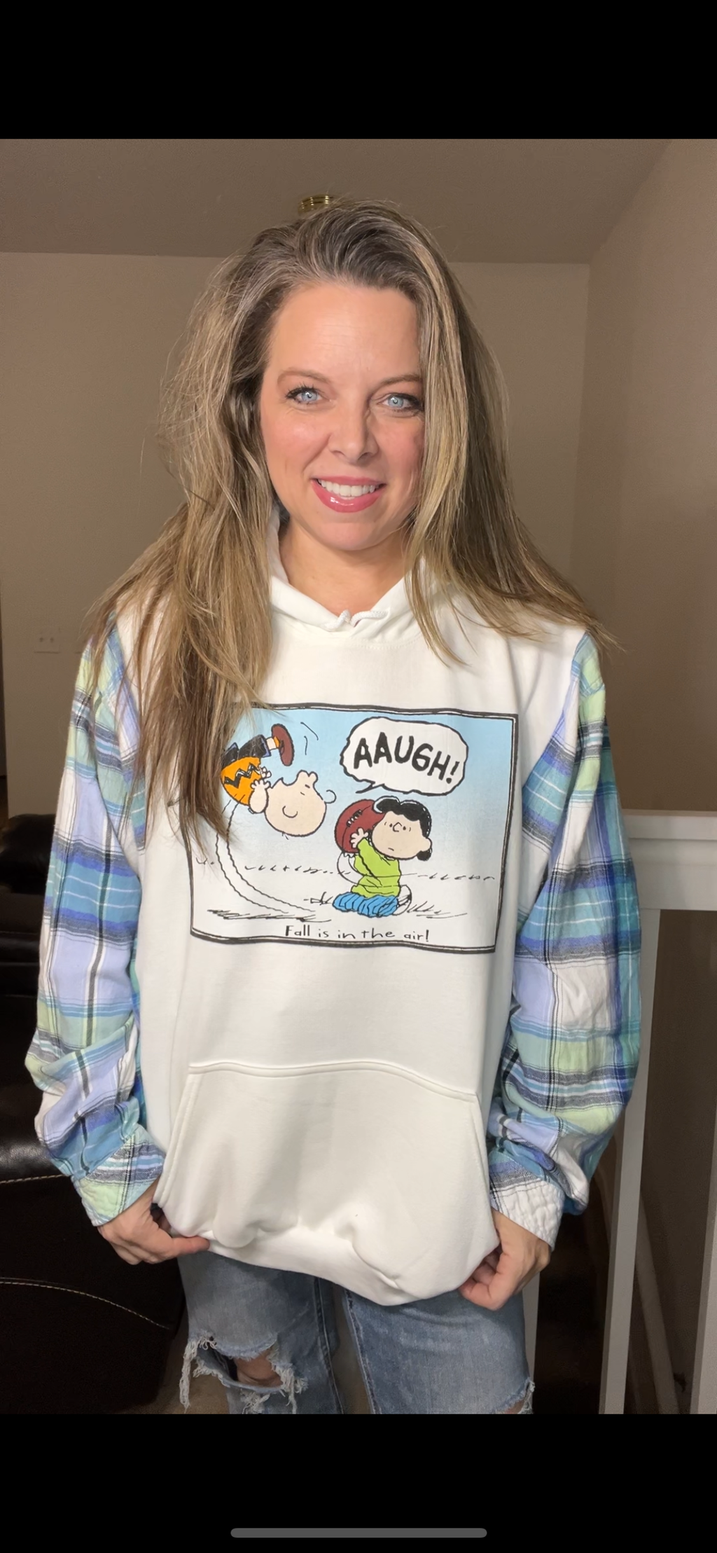 Upcycled Charlie Brown – women’s 3X/4X midweight sweatshirt with flannel sleeves