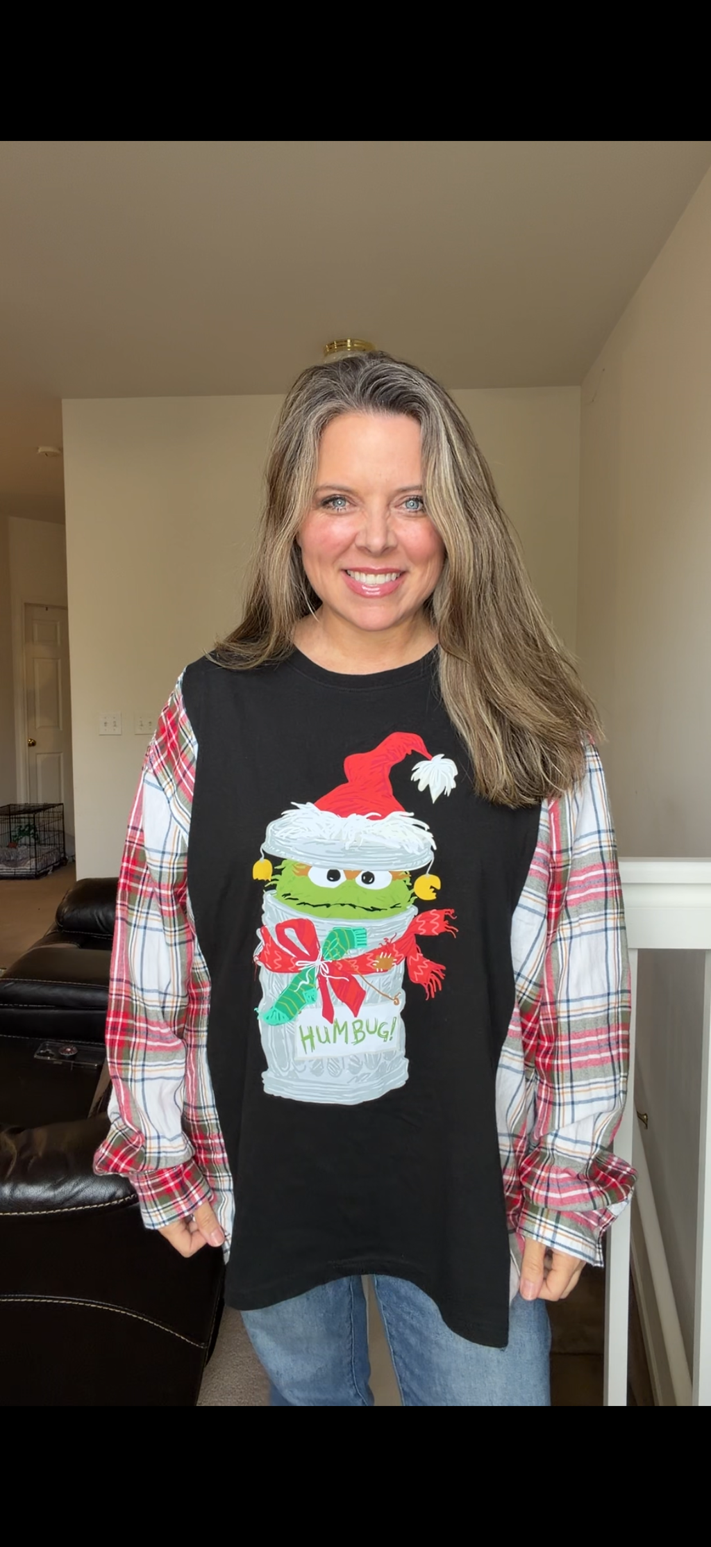 Upcycled Humbug - women's 1X/2X T-shirt with flannel sleeves
