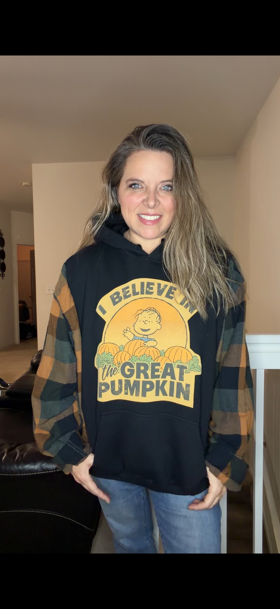 Upcycled Great Pumpkin - women's 2X midweight sweatshirt with flannel sleeves