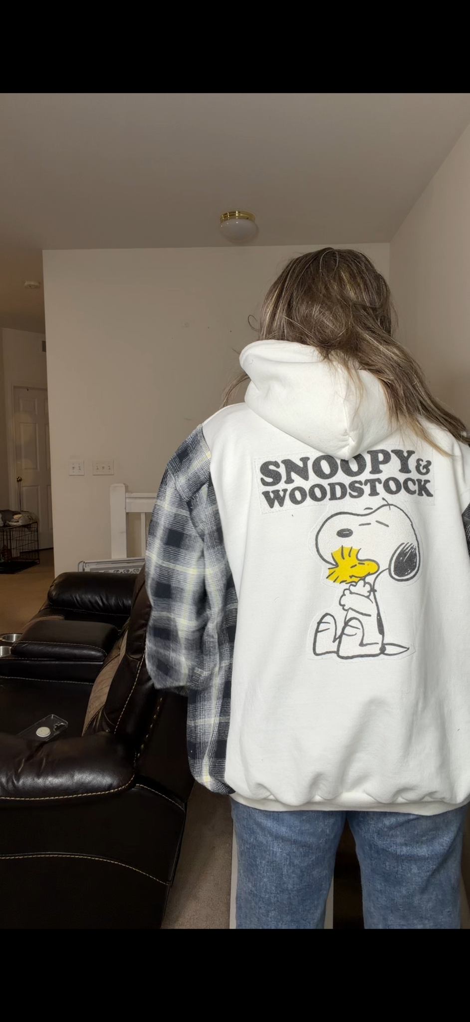 Upcycled Snoopy – women's 3X/4X midweight sweatshirt with flannel sleeves