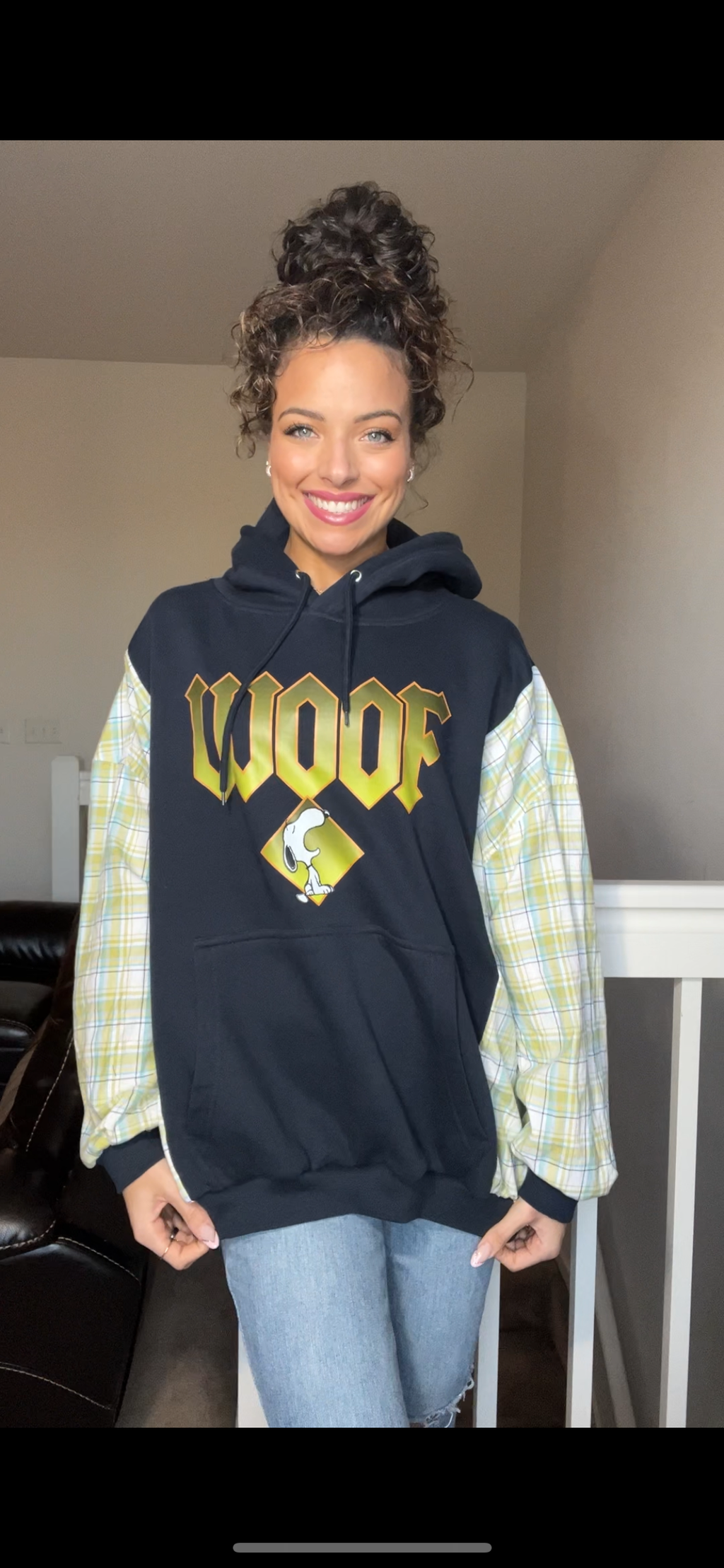 Upcycled ￼Woof - Women’s 3X – soft thick sweatshirt with cotton sleeves￼