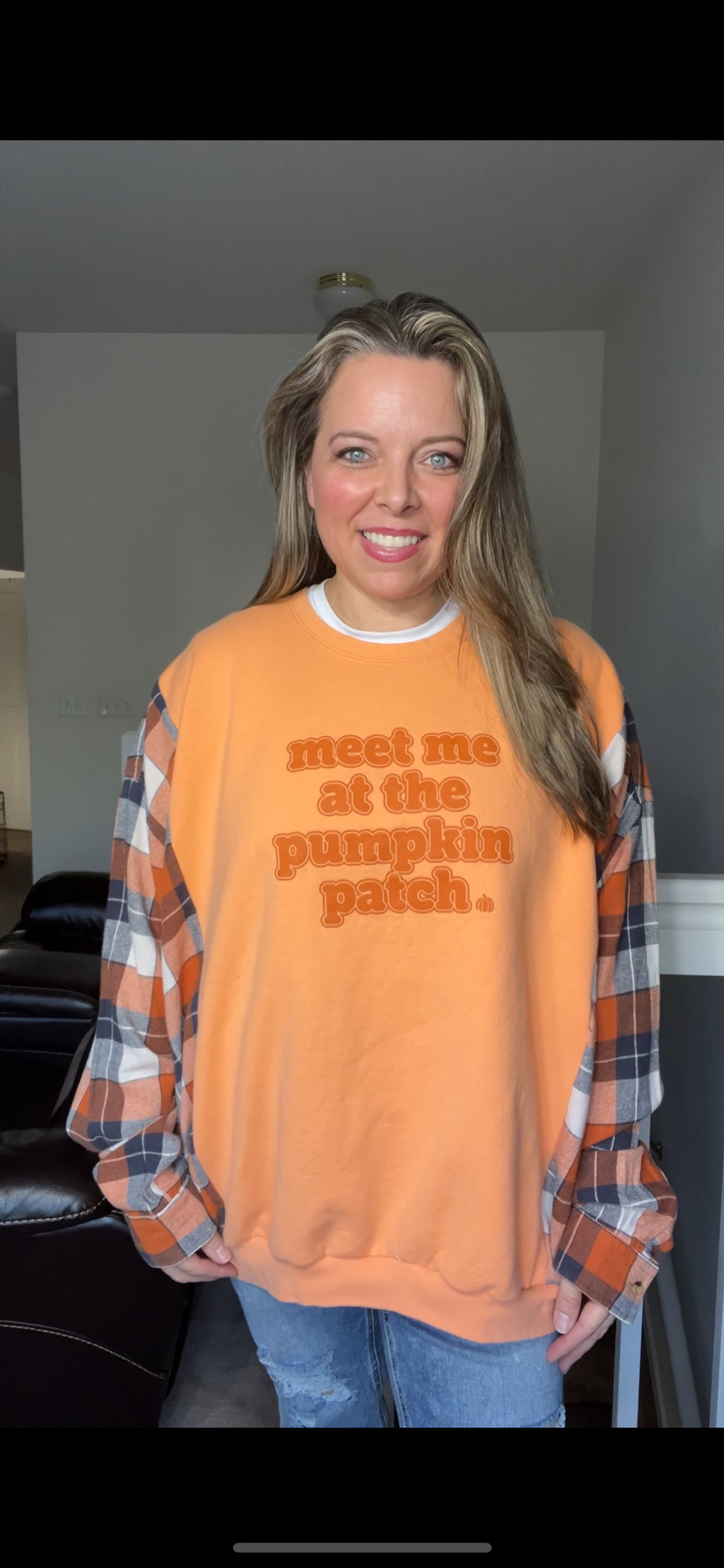 Upcycled Pumpkin – woman’s 2X/3X – midweight sweatshirt with flannel sleeves ￼