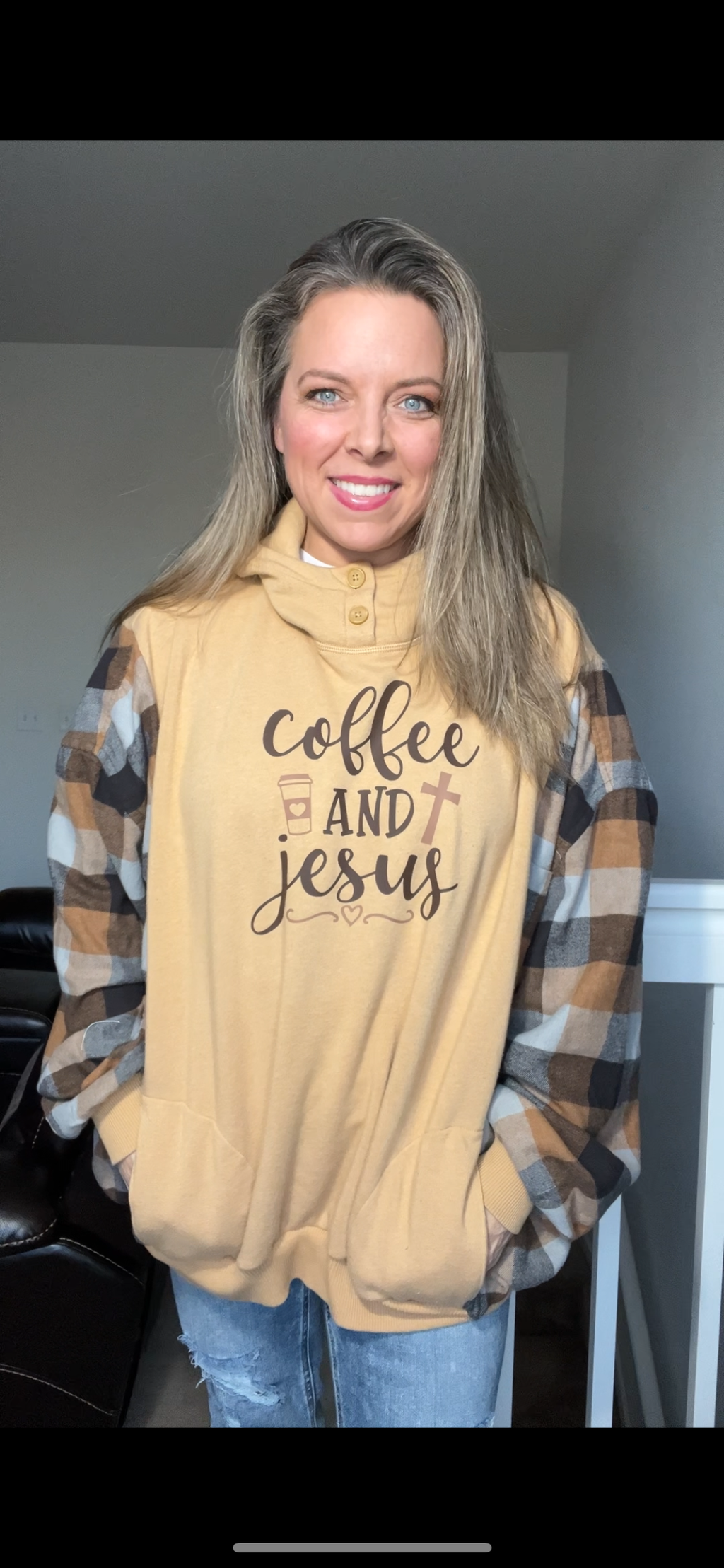 Upcycled Coffee and Jesus – woman’s 2X/3X – soft thick sweatshirt with flannel sleeves￼