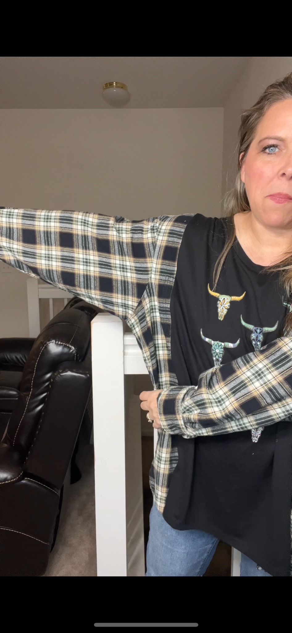 Upcycled Ariat Bulls – women’s 3X/4X T-shirt with flannel sleeves