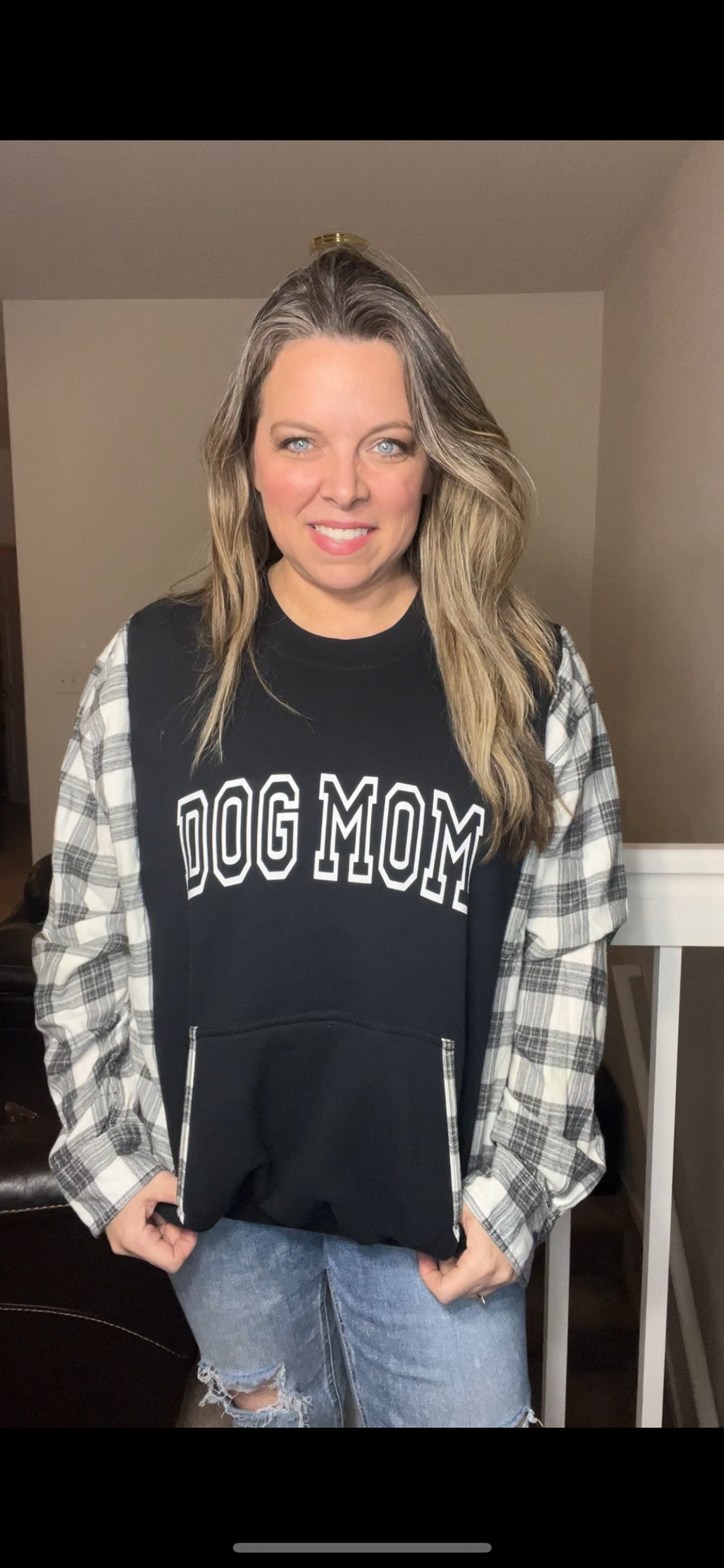 Upcycled Dog mom – women’s large midweight sweatshirt with flannel sleeves