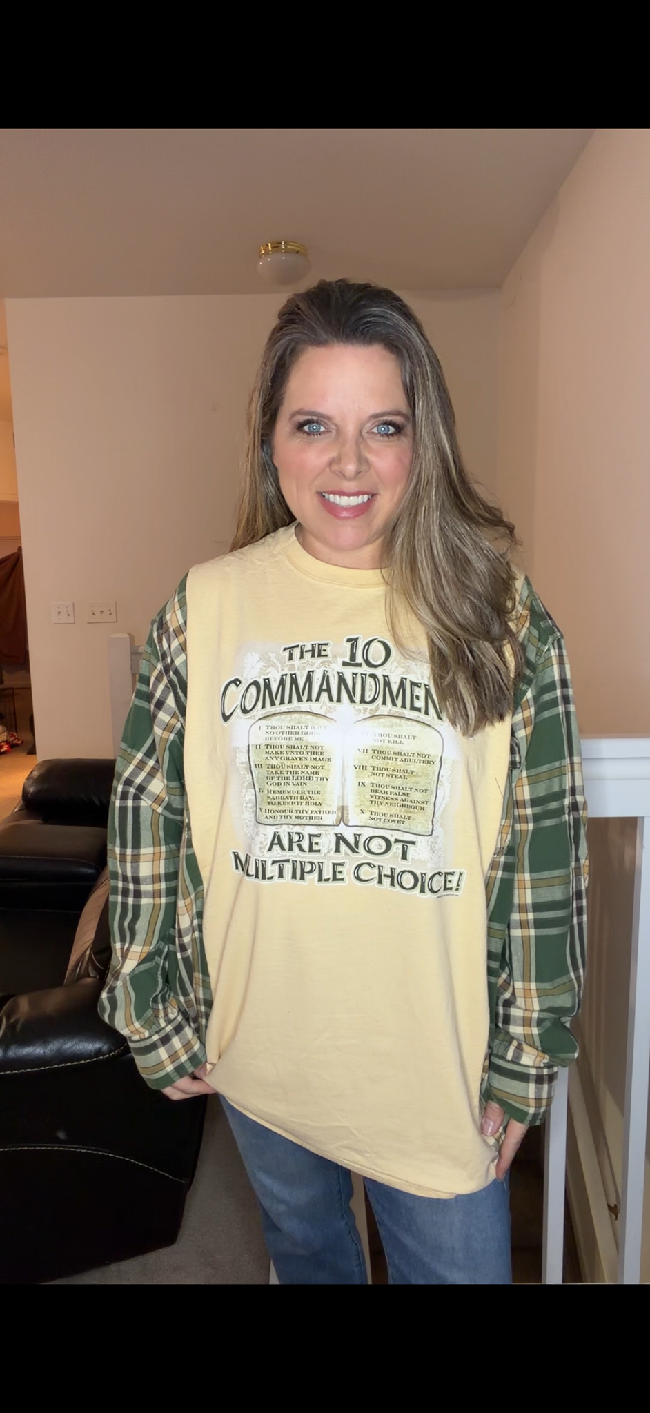 Upcycled 10 Command. - women's 1X/2X long T-shirt with flannel sleeves