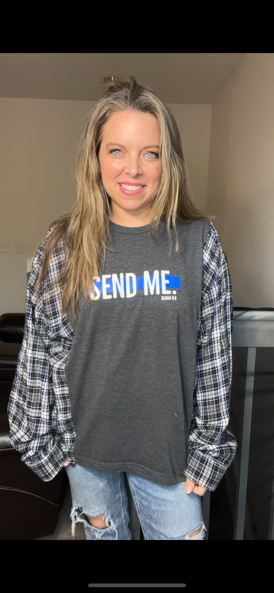 Upcycled Send me – women’s 1X T-shirt with flannel sleeves