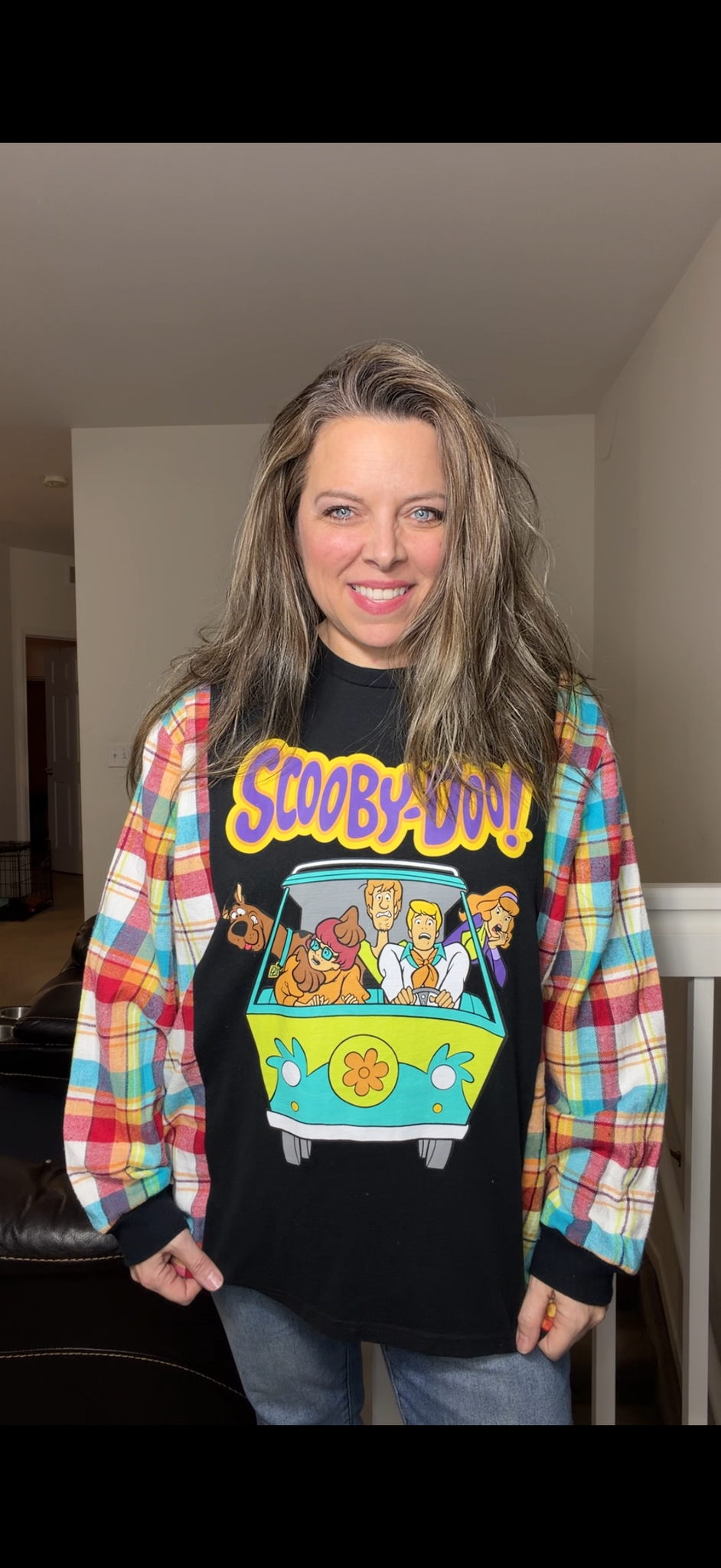 Upcycled Scooby - women's 1X T-shirt with flannel sleeves