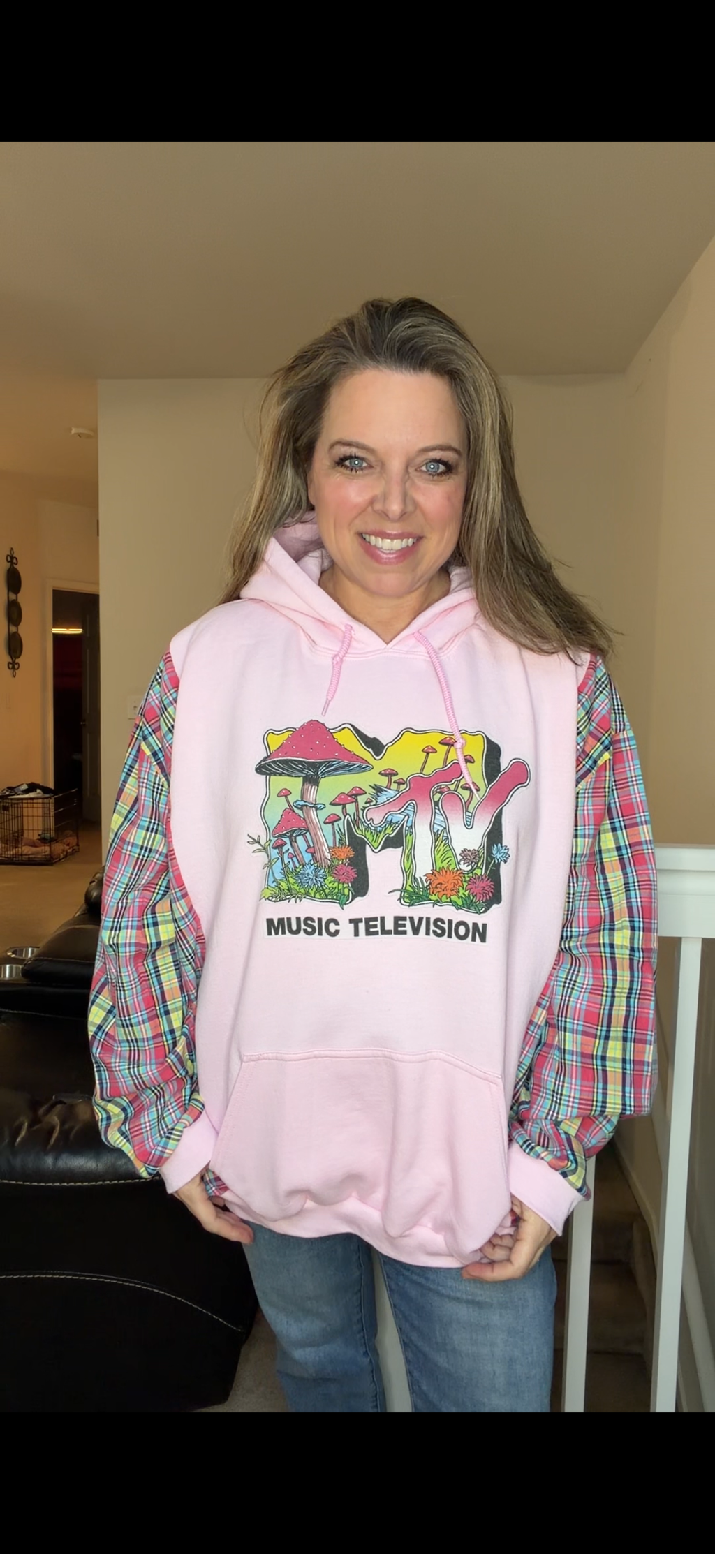 Upcycled MTV - women's 3X/4X midweight Sweatshirt with flannel sleeves