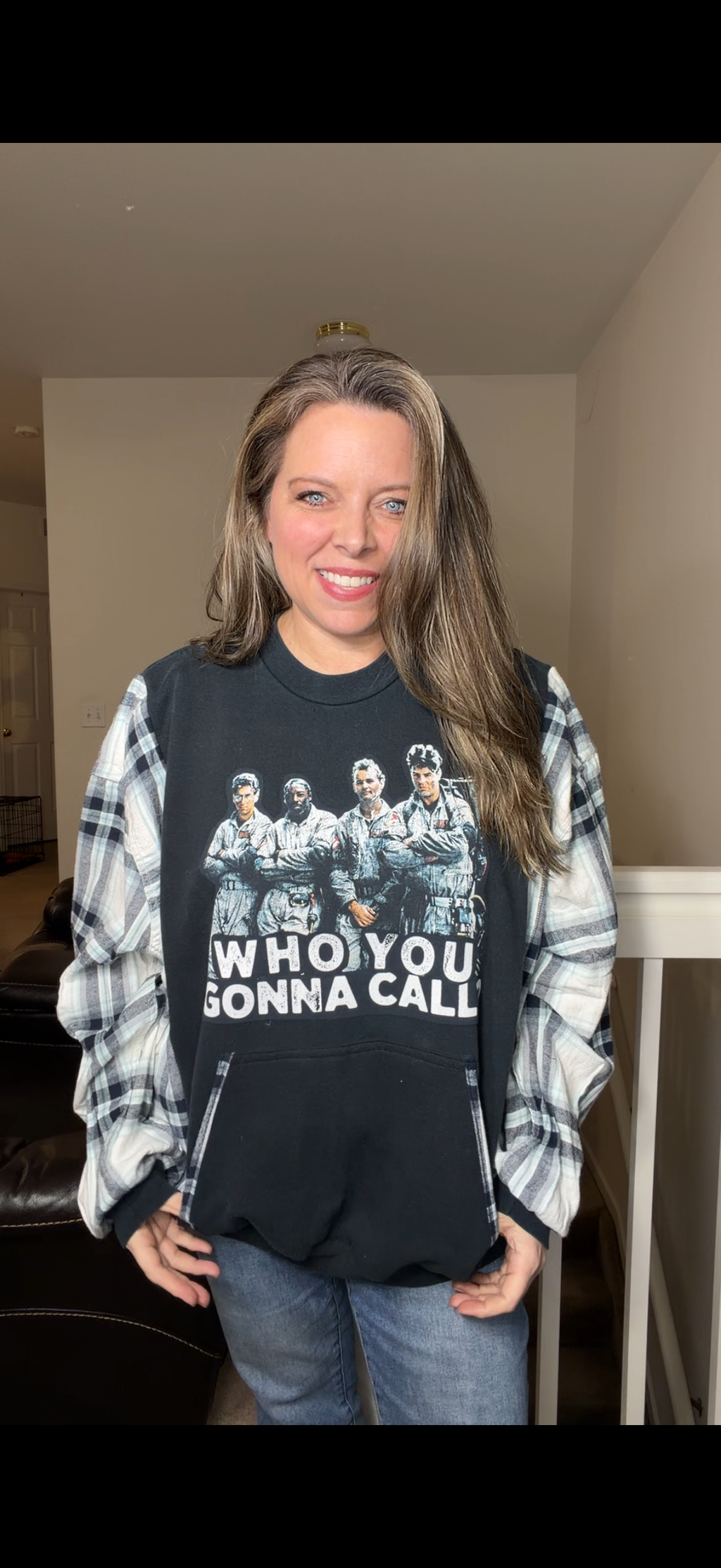 Upcycled Ghostbusters - women's 1X/2X midweight sweatshirt with flannel sleeves
