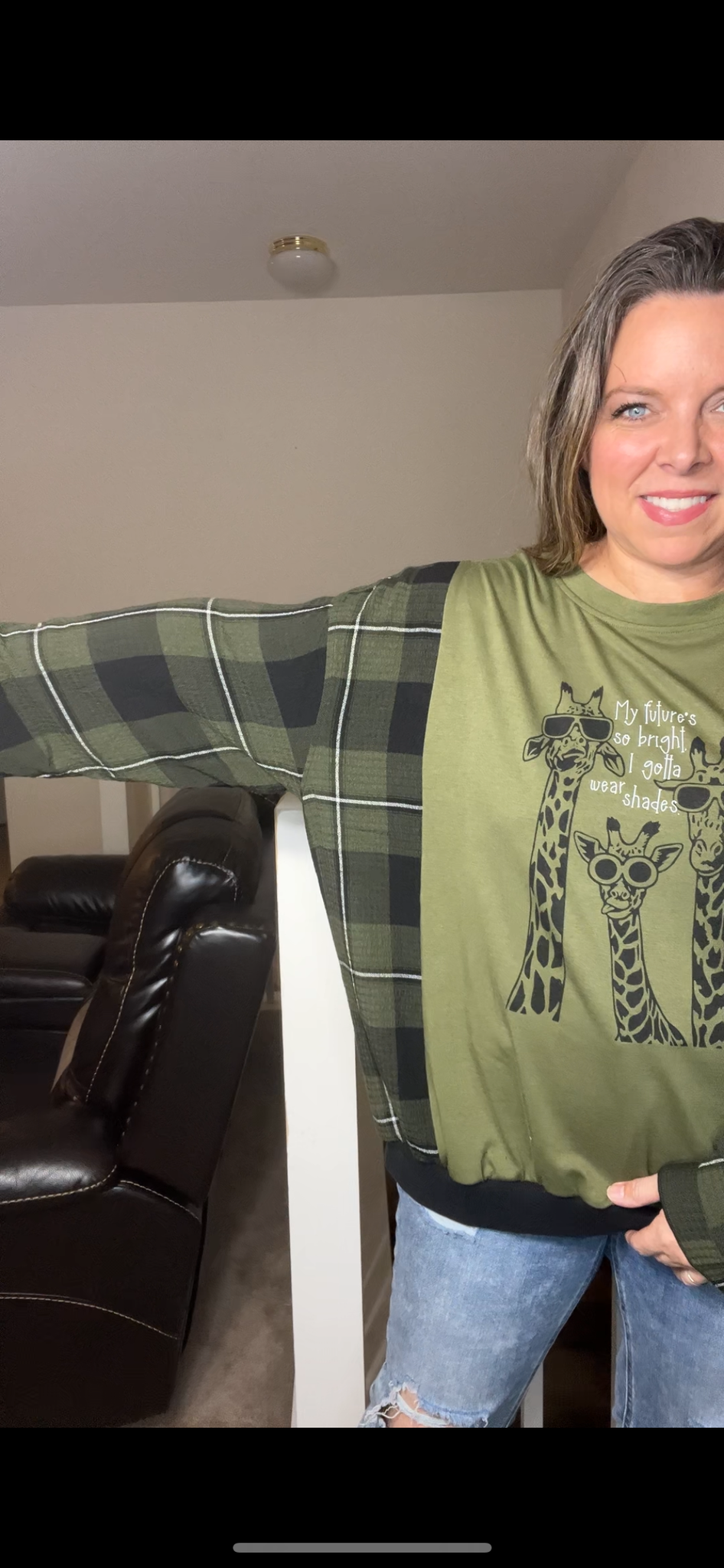 Upcycled Giraffes – women’s 3X T-shirt, with soft flannel sleeves