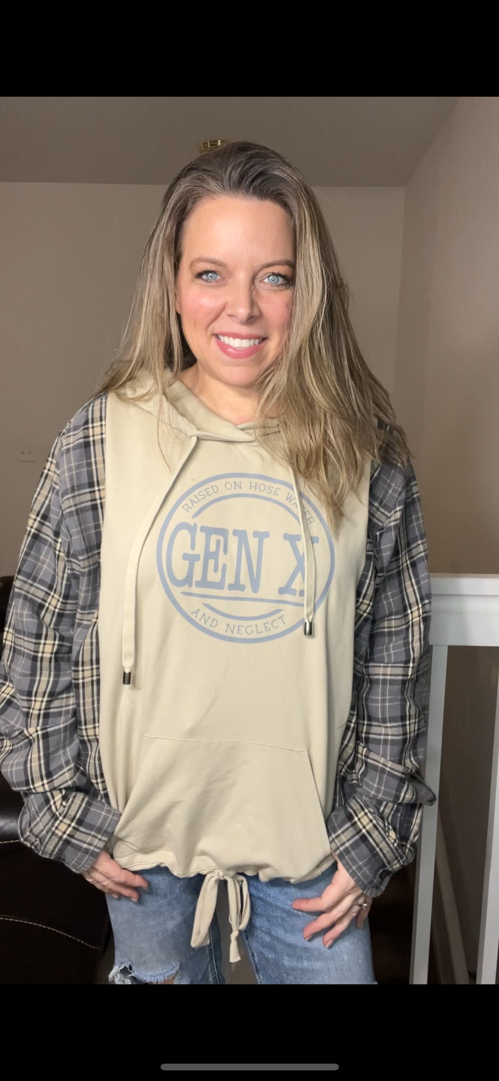 Upcycled Gen X Tan – women’s 1X/2X French terry sweatshirt with flannel sleeves
