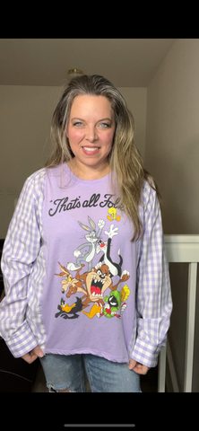 Upcycled Looney Tunes Dash women’s large/XL thin T-shirt with cotton dress sleeves