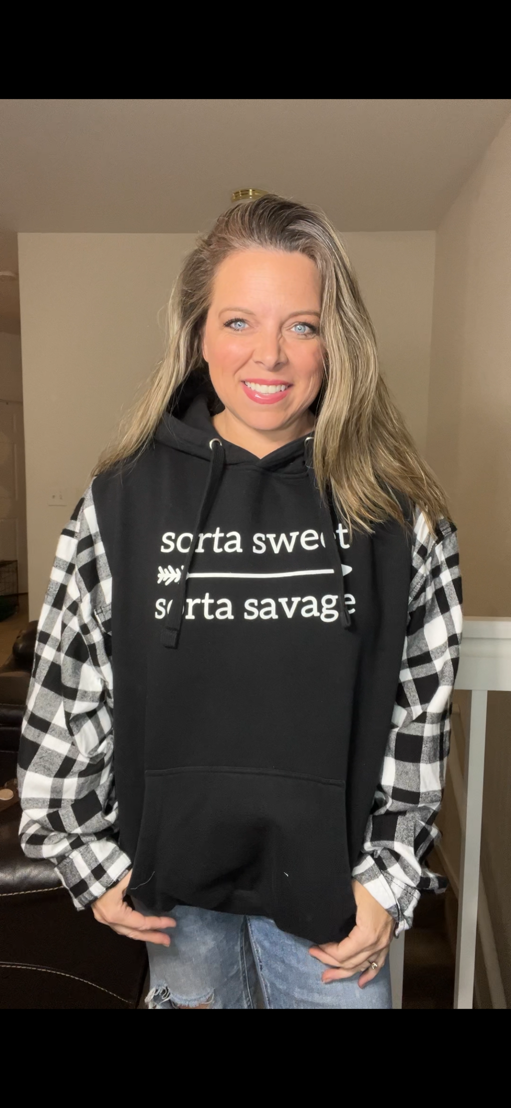 Upcycled Savage – women’s 1X/2X midweight sweatshirt with flannel sleeves