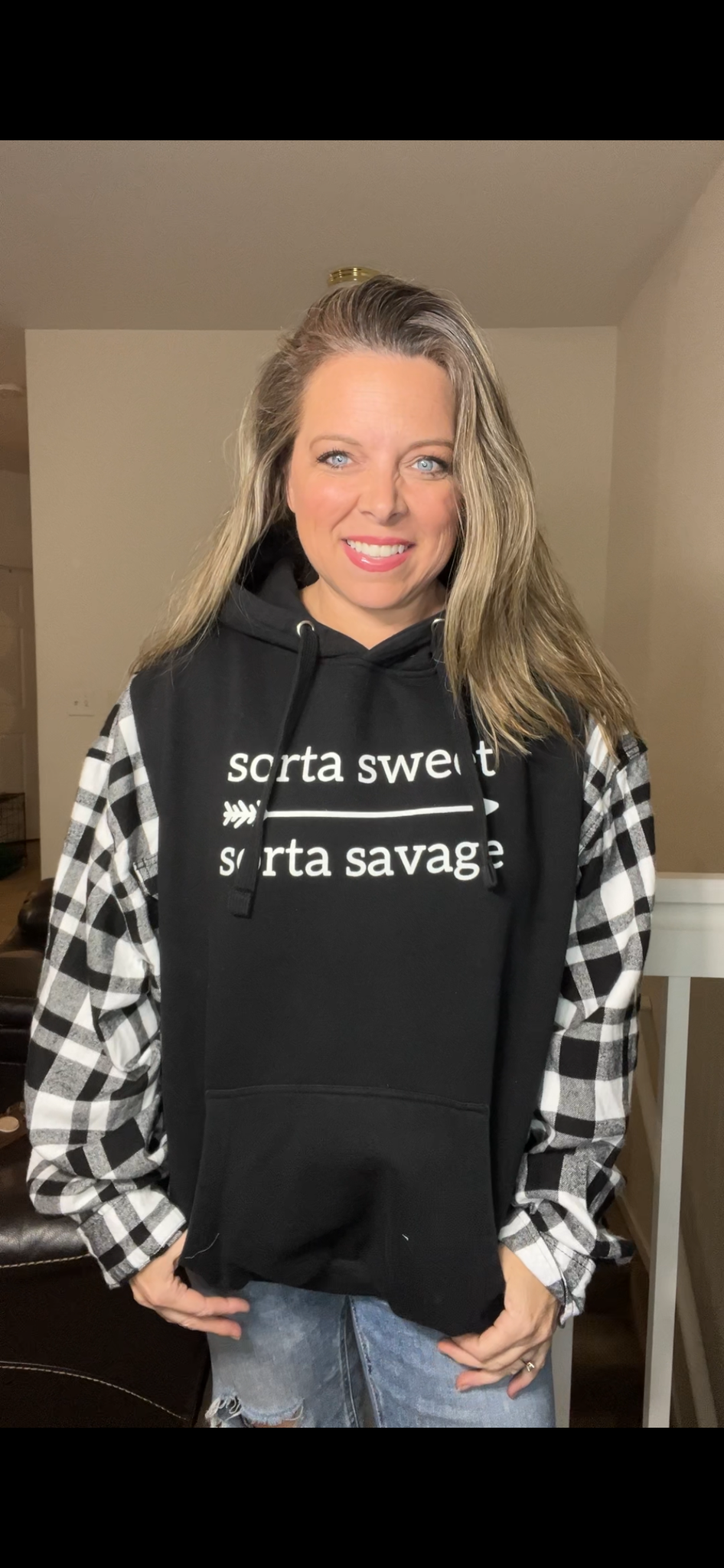 Upcycled Savage – women’s 1X/2X midweight sweatshirt with flannel sleeves