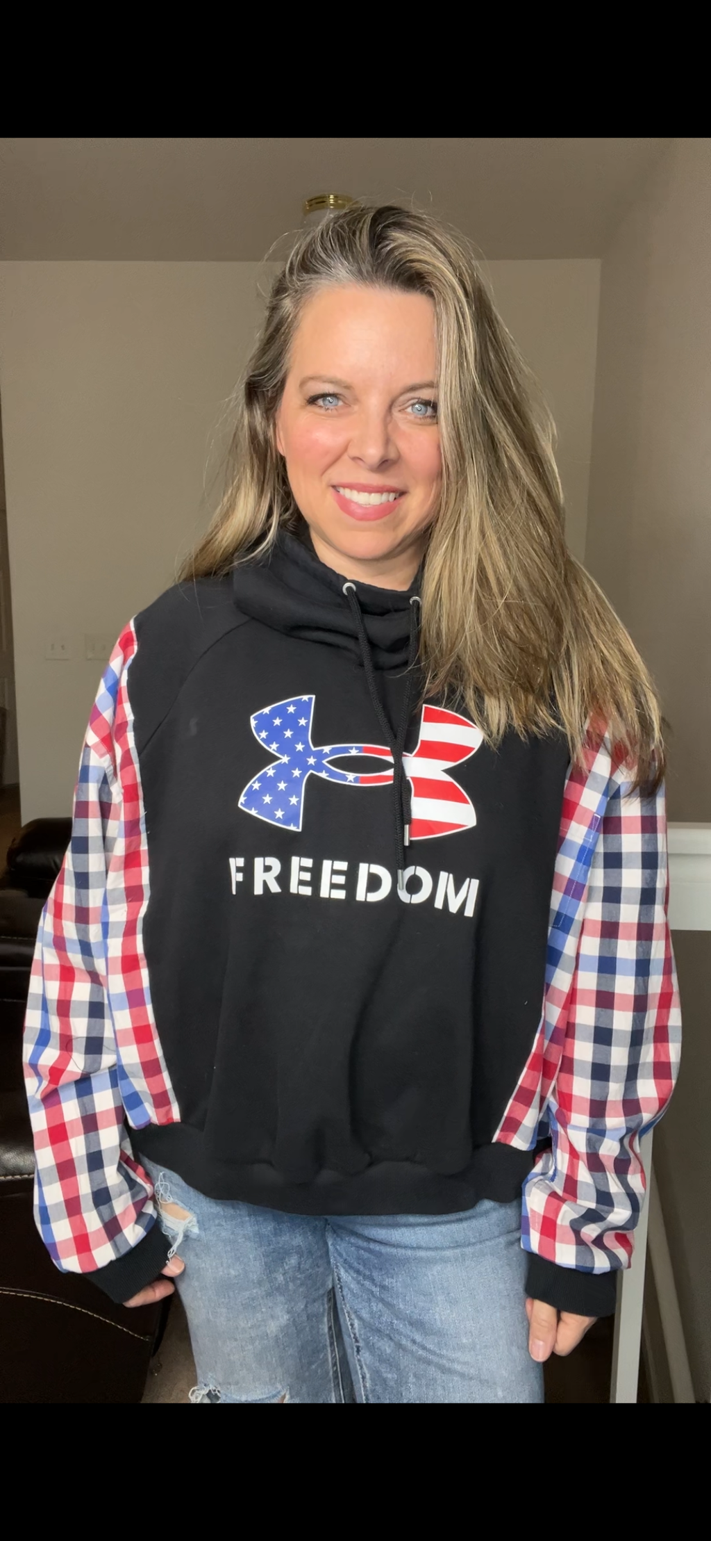 Upcycled Freedom – women’s small/medium midweight sweatshirt with cotton sleeves