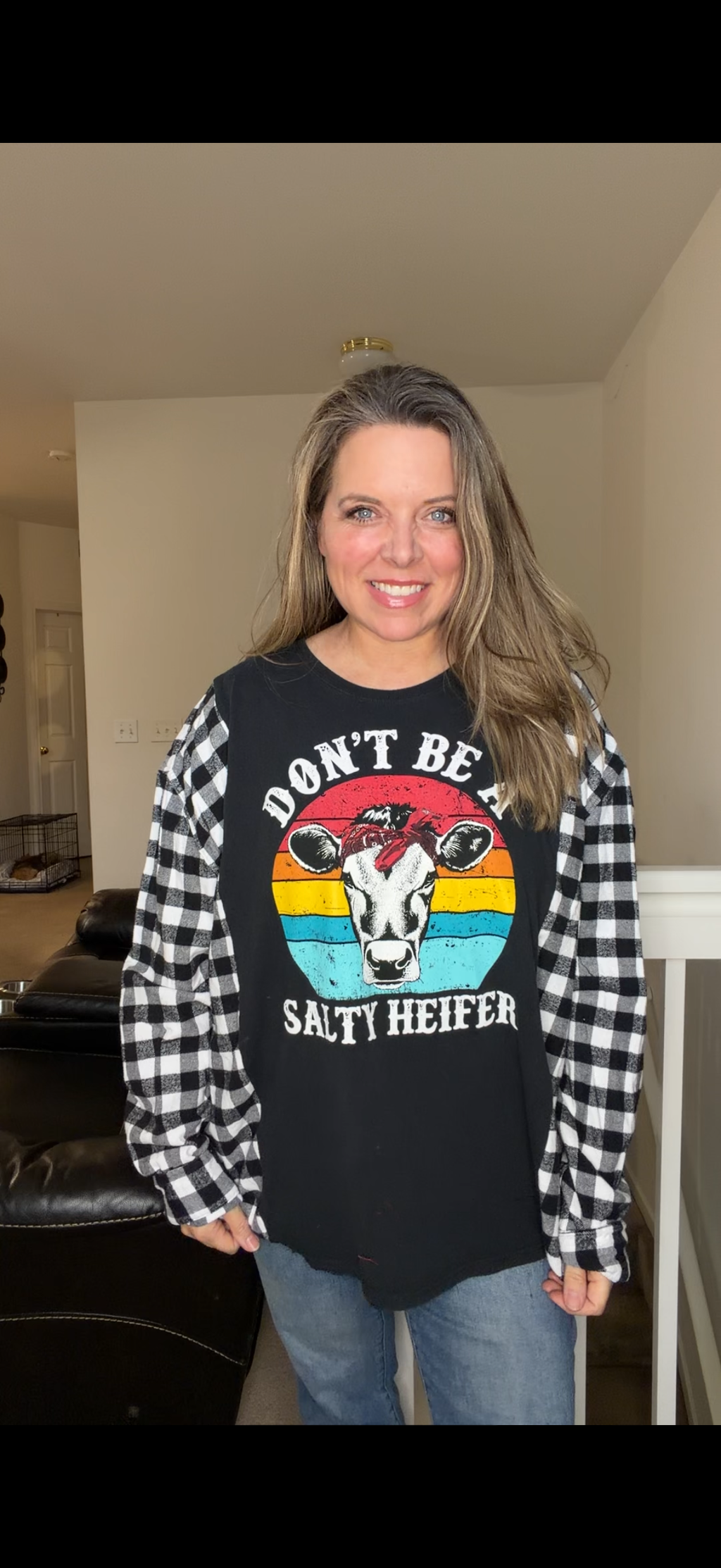 Upcycled Heifer - women's XL/1X T-shirt with flannel sleeves