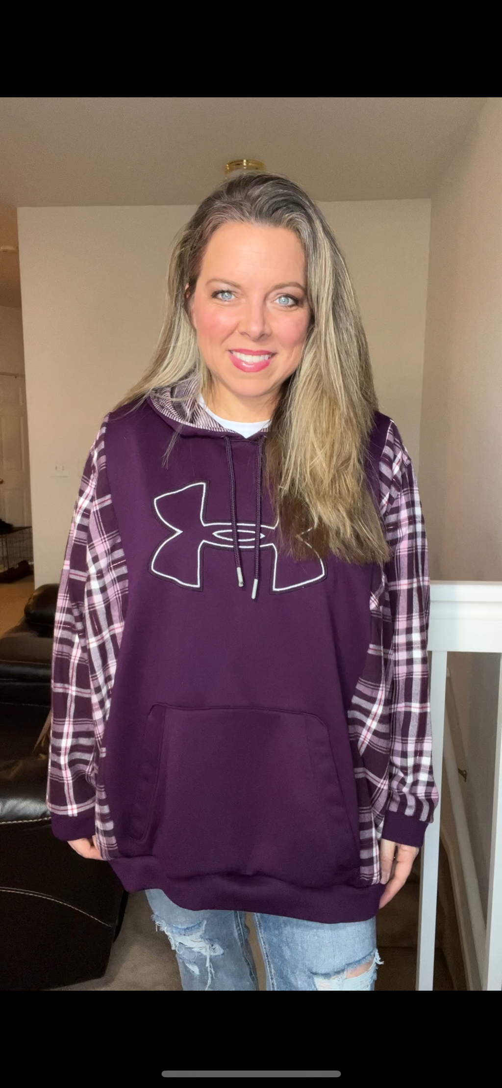 Upcycled Plum UA - women’s 2X – midweight sweatshirt with ￼flannel sleeves￼